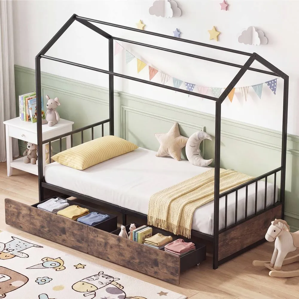 Costway Single Size Bed Frame w/2 Drawers Platform Bed w/Headboard & Footboard in Brown 6