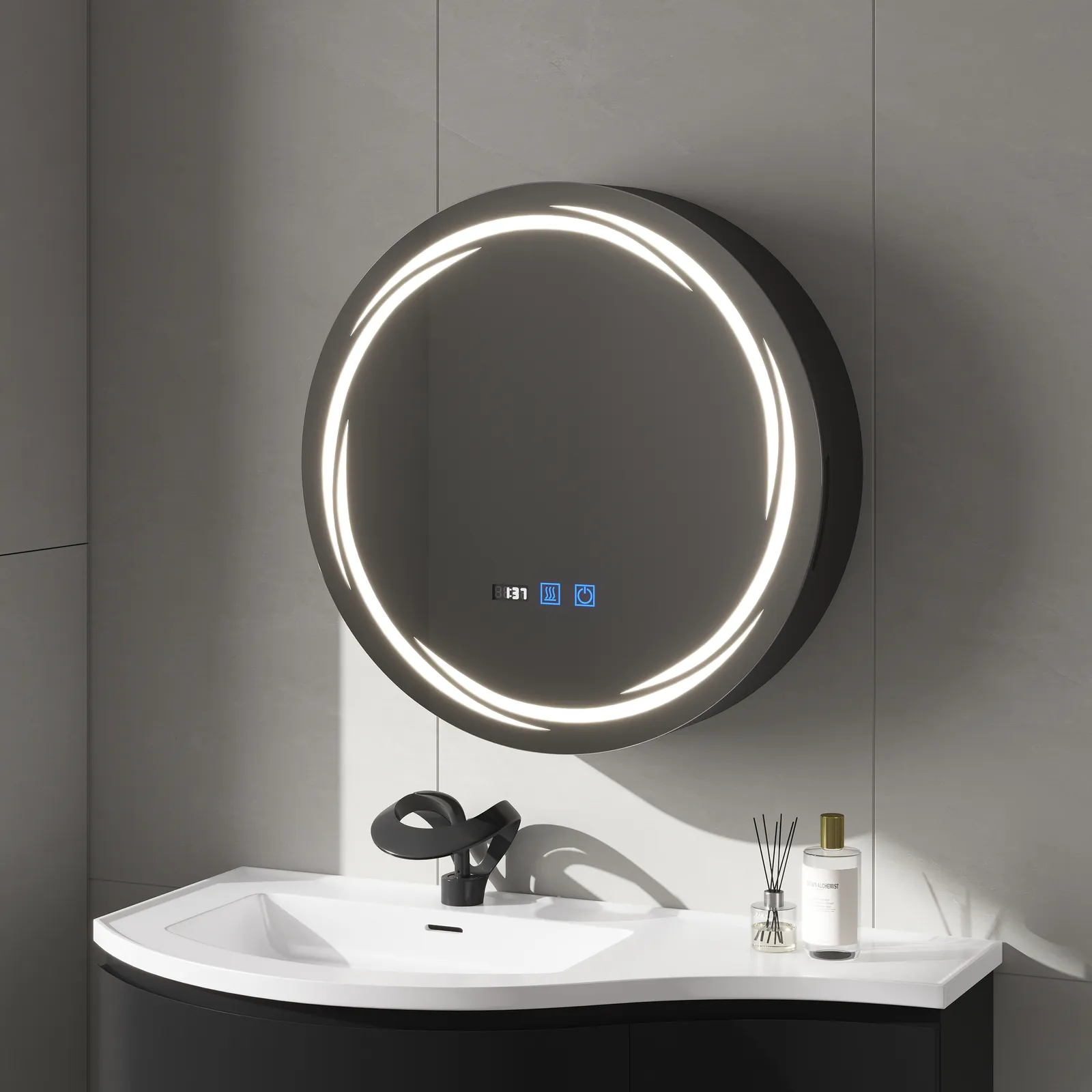 60cm Round Black LED Bathroom Mirror Cabinet with Storage, Anti-Fog, Dimmable
