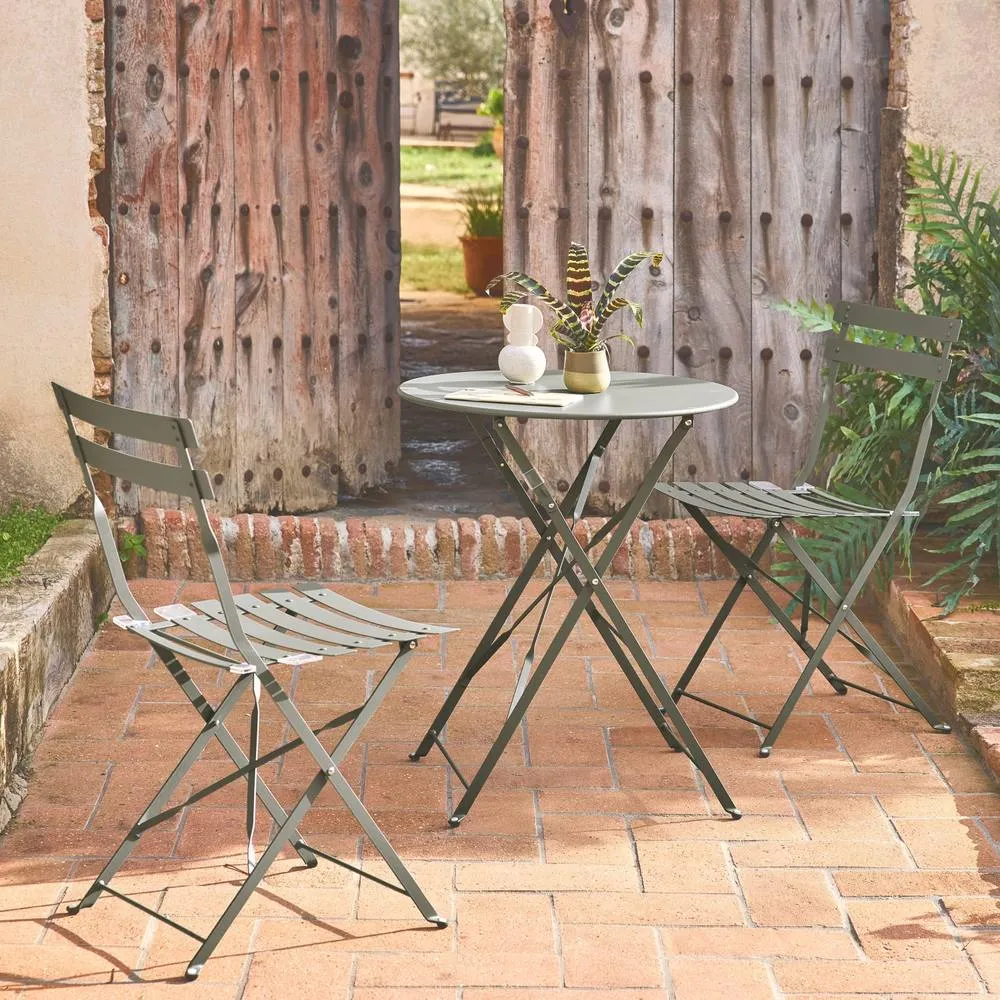 sweeek Round folding metal bistro garden table with 2 chairs in Khaki