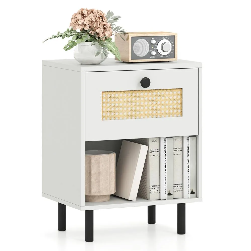 Costway Rattan Nightstand Boho Style Bedside Table with Drawer & Open Storage Shelf in White