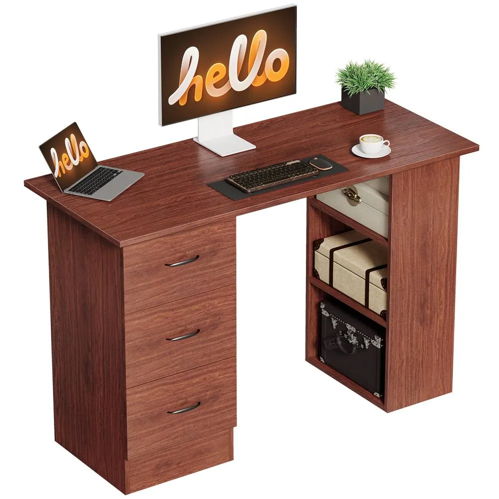 HOMCOM 120cm PC Table Workstation Computer Desk w/ Drawers, 3 Shelves Walnut in Dark Brown 2