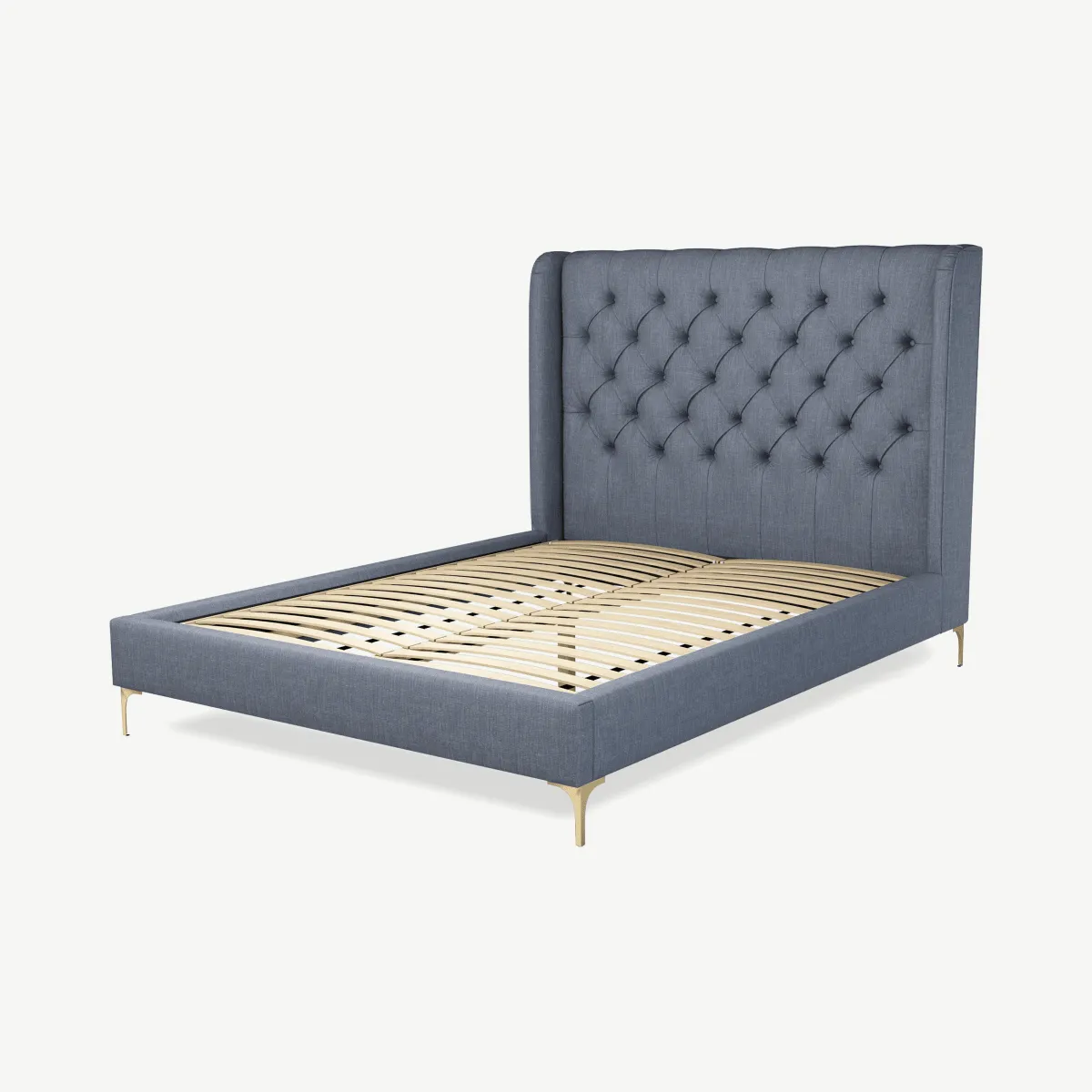 Romare King Size Bed, Denim Cotton with Brass Legs