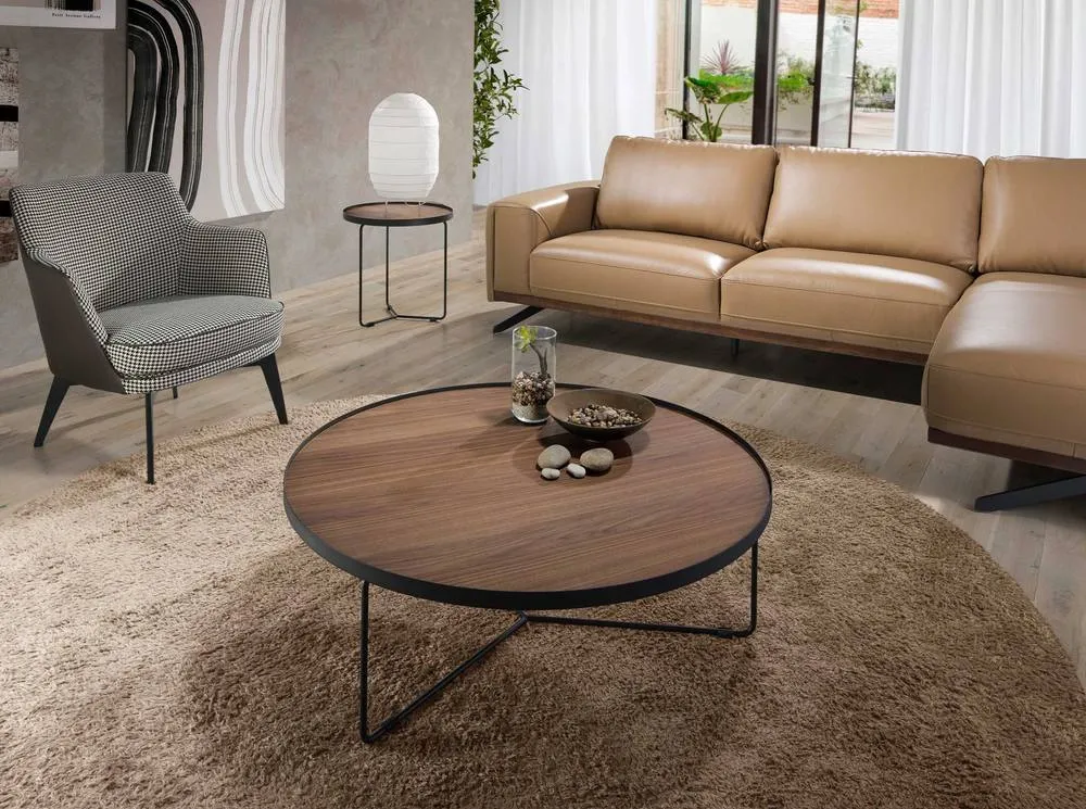 Angel Cerda Round Walnut-Veneer Coffee Table with Black Steel in Brown 3