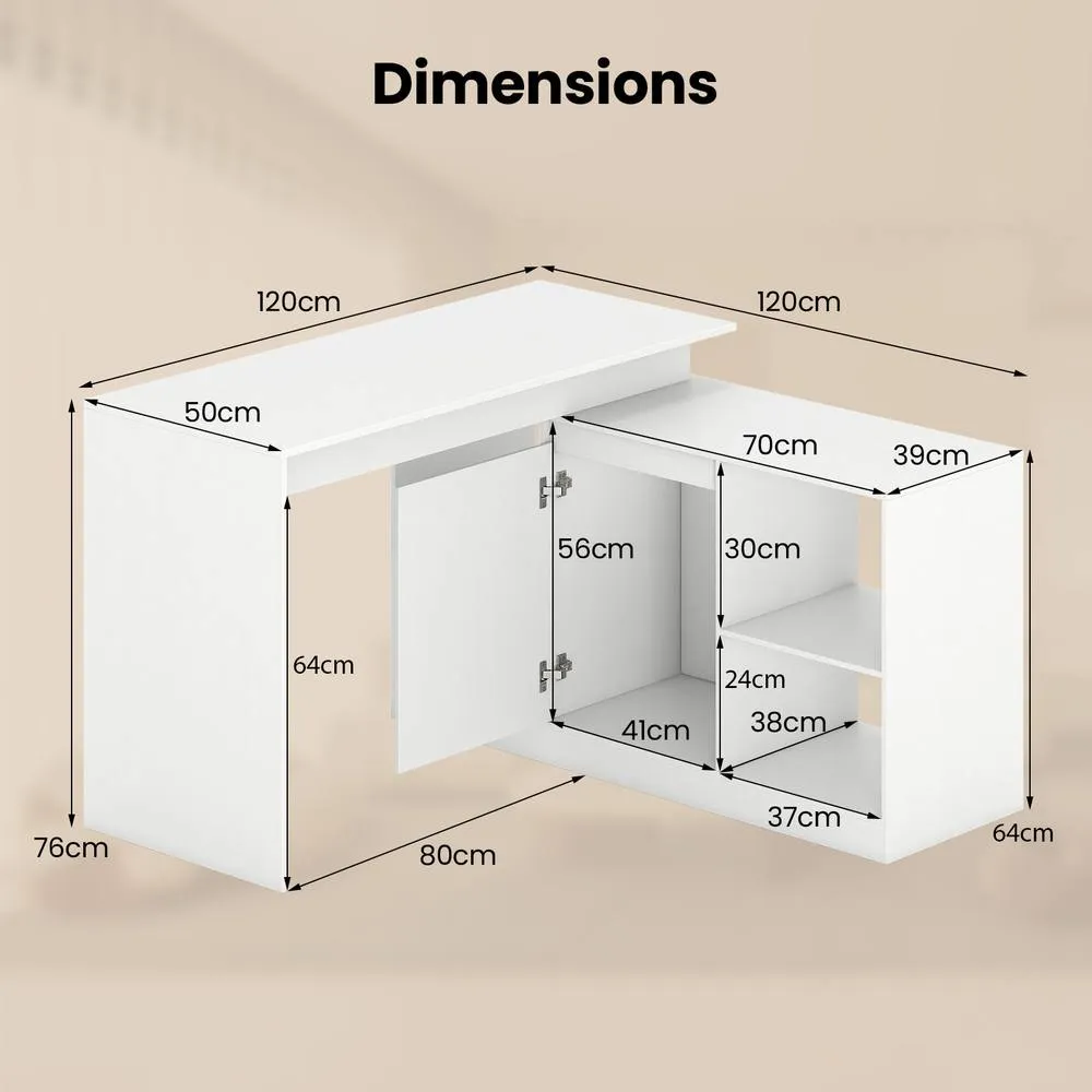 Costway L-shaped Wooden Computer Desk 120 CM Reversible Corner Writing Desk in White 2