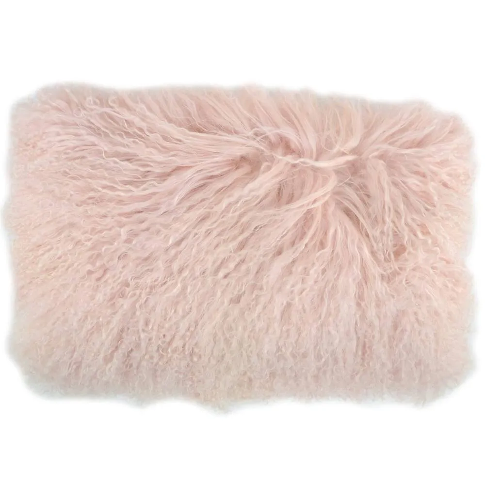 SNUGRUGS Mongolian Long Curly Wool Sheepskin Cushion with Inner - 30cm x 50cm in Pale Pink