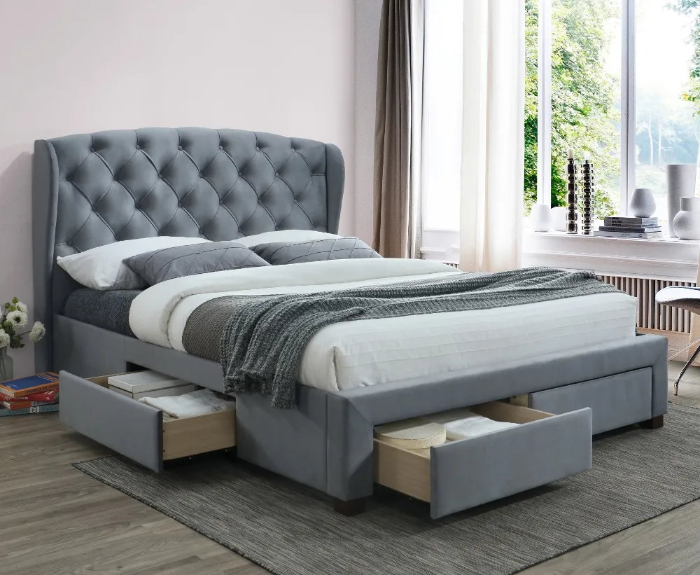 Hope - Double - 4 Drawer Winged Storage Bed - Grey - Velvet - 4ft6 - Happy Beds 1