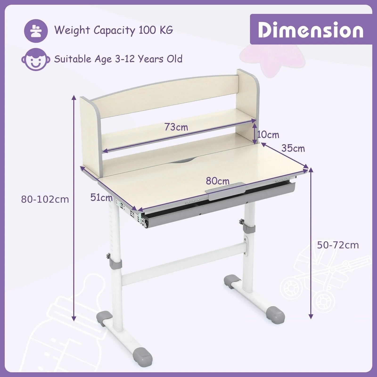 Costway Study Desk Height Adjustable Writing Table w/ Tilt Desktop in Grey 2