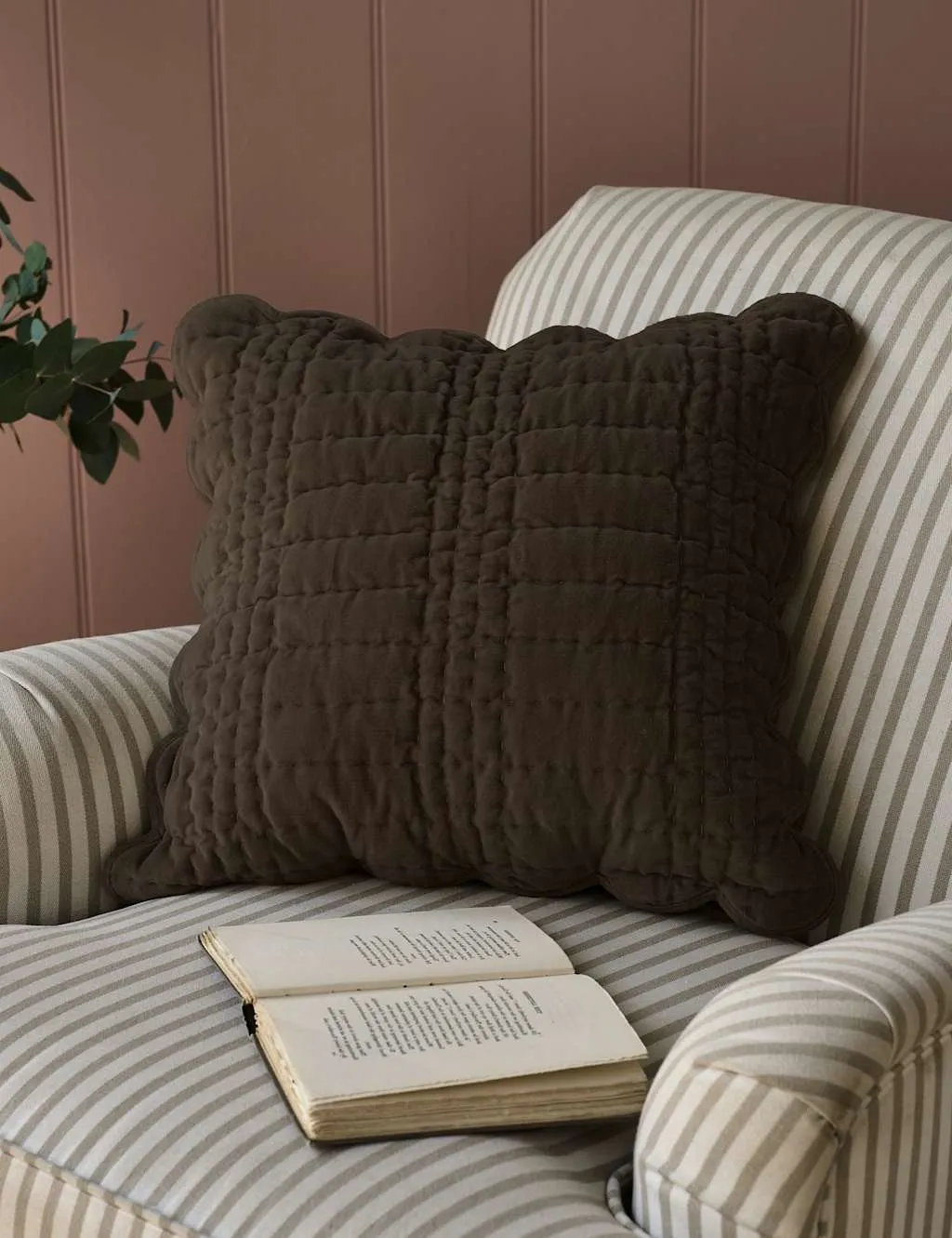 Laura Ashley Velvet Scalloped Cushion Dark Brown