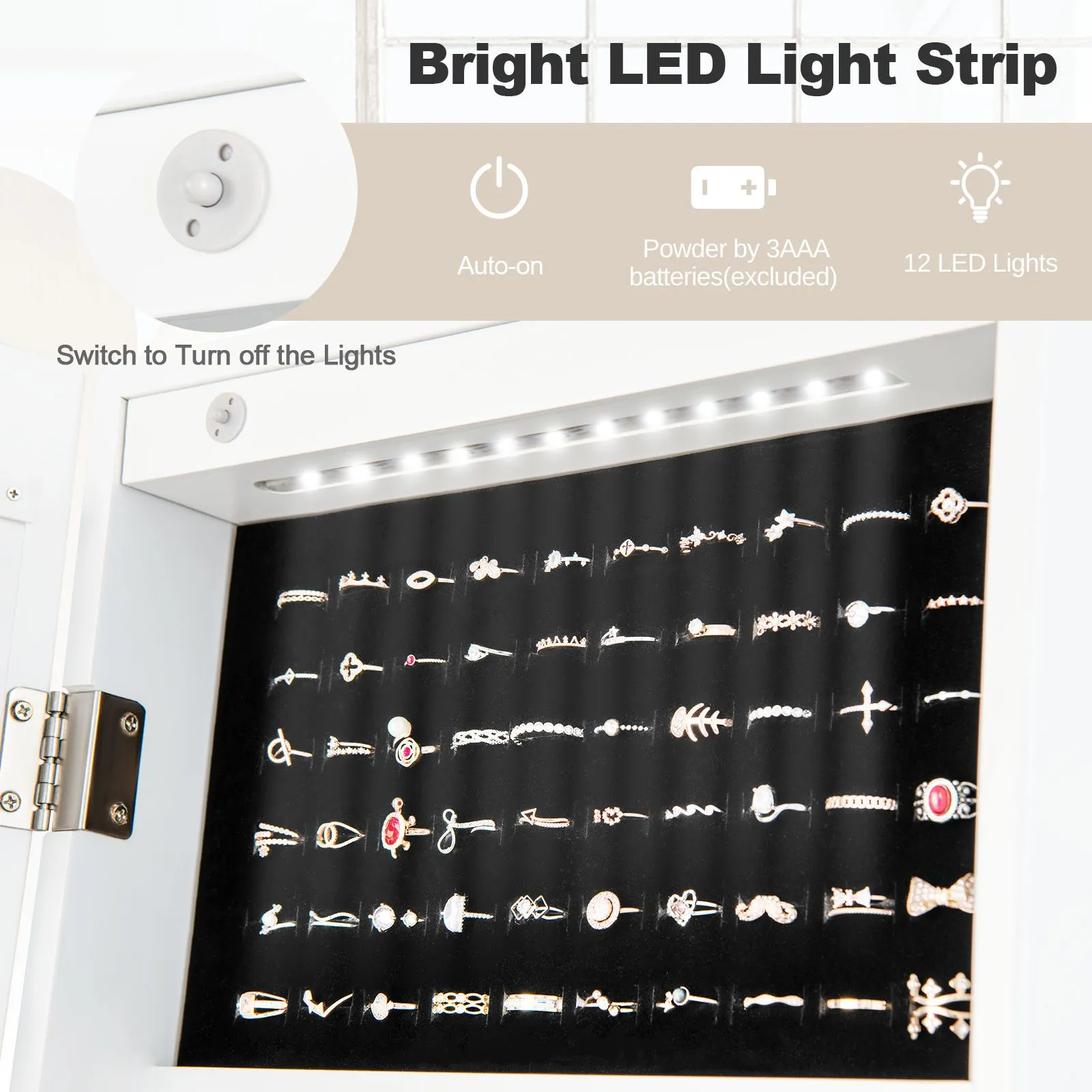 Costway Freestanding Full Length Mirror Jewelry Cabinet w/ Built-in LED in White 6