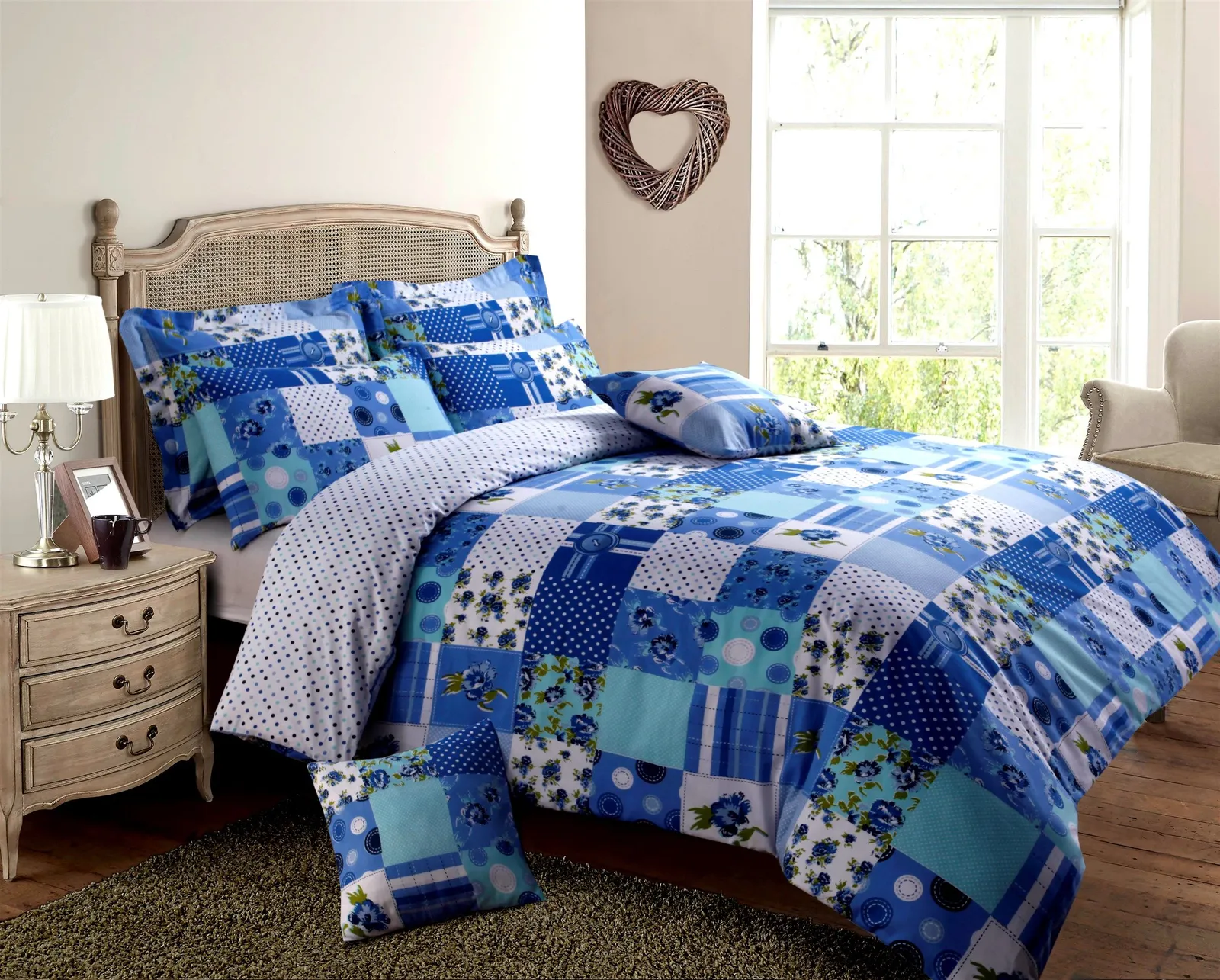 Velosso Stitch Trail Patchwork Cotton Rich Printed Duvet Cover & Pillowcase Set in Blue