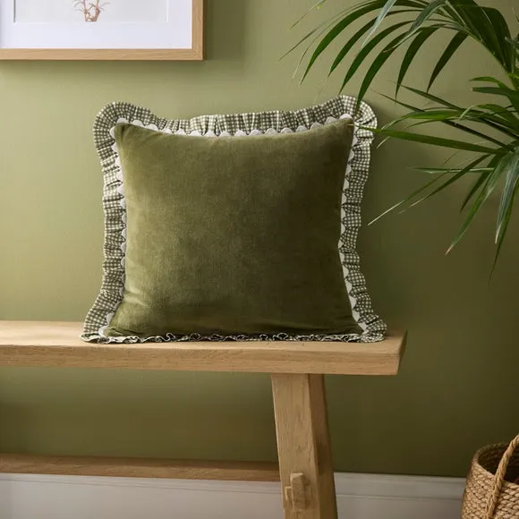 Velvet Gingham Frill Cotton Cushion Cover