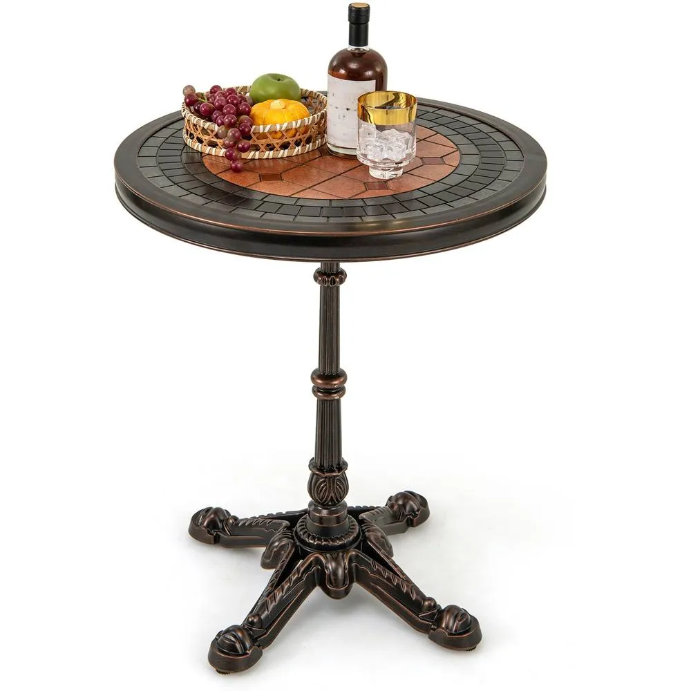 Costway 60CM Round Patio Dining Table Cast Aluminum Dining Table-Bronze in Brown