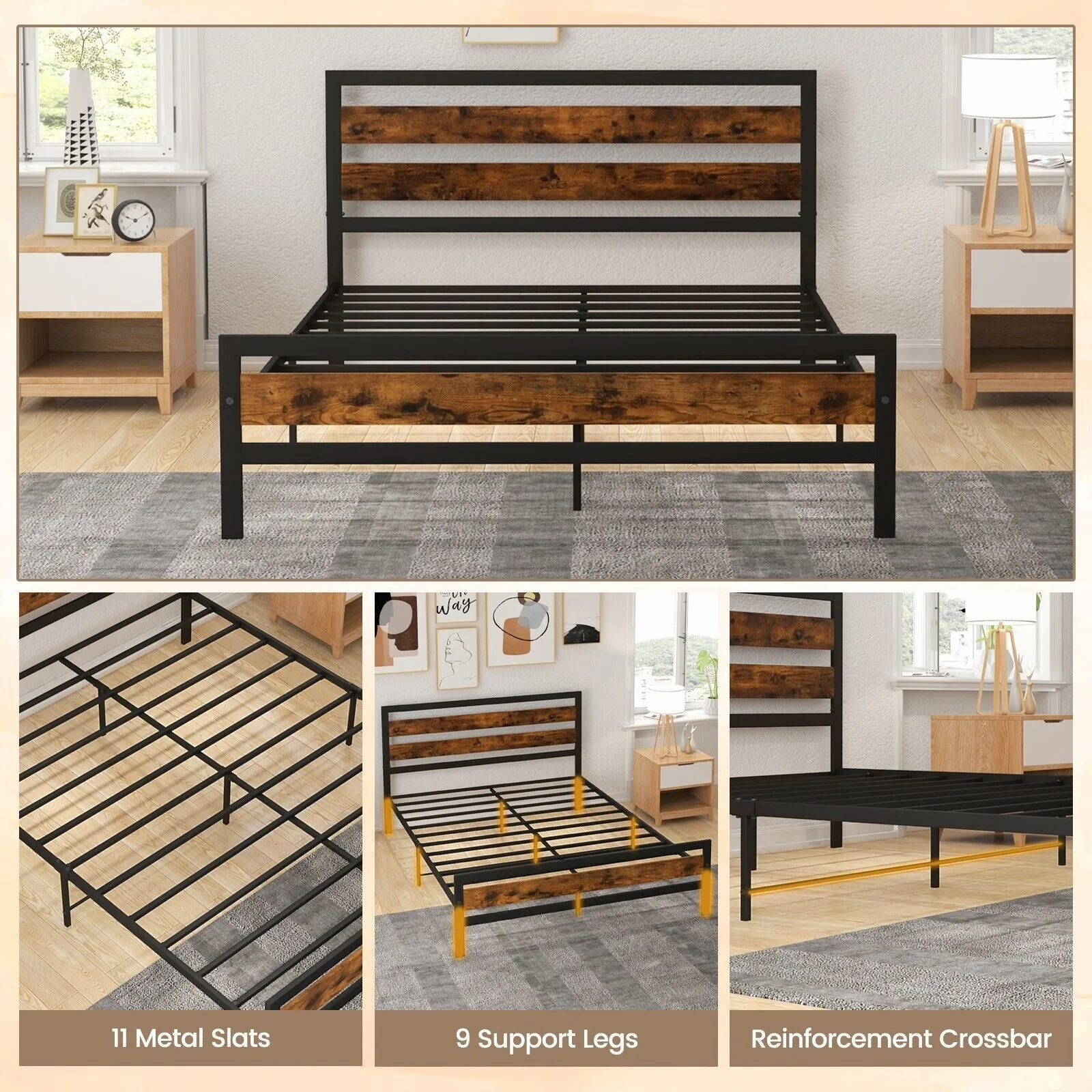 Costway Metal Bed Frame King Size Industrial Platform Bed with Headboard & Footboard 4
