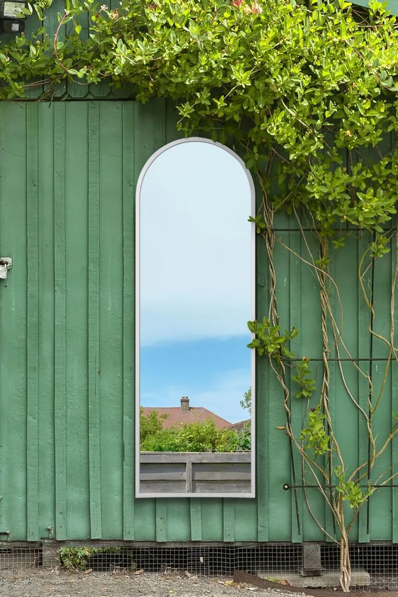 MirrorOutlet White Framed Arched Garden Wall Mirror 71" X 24" (180CM X 60CM)