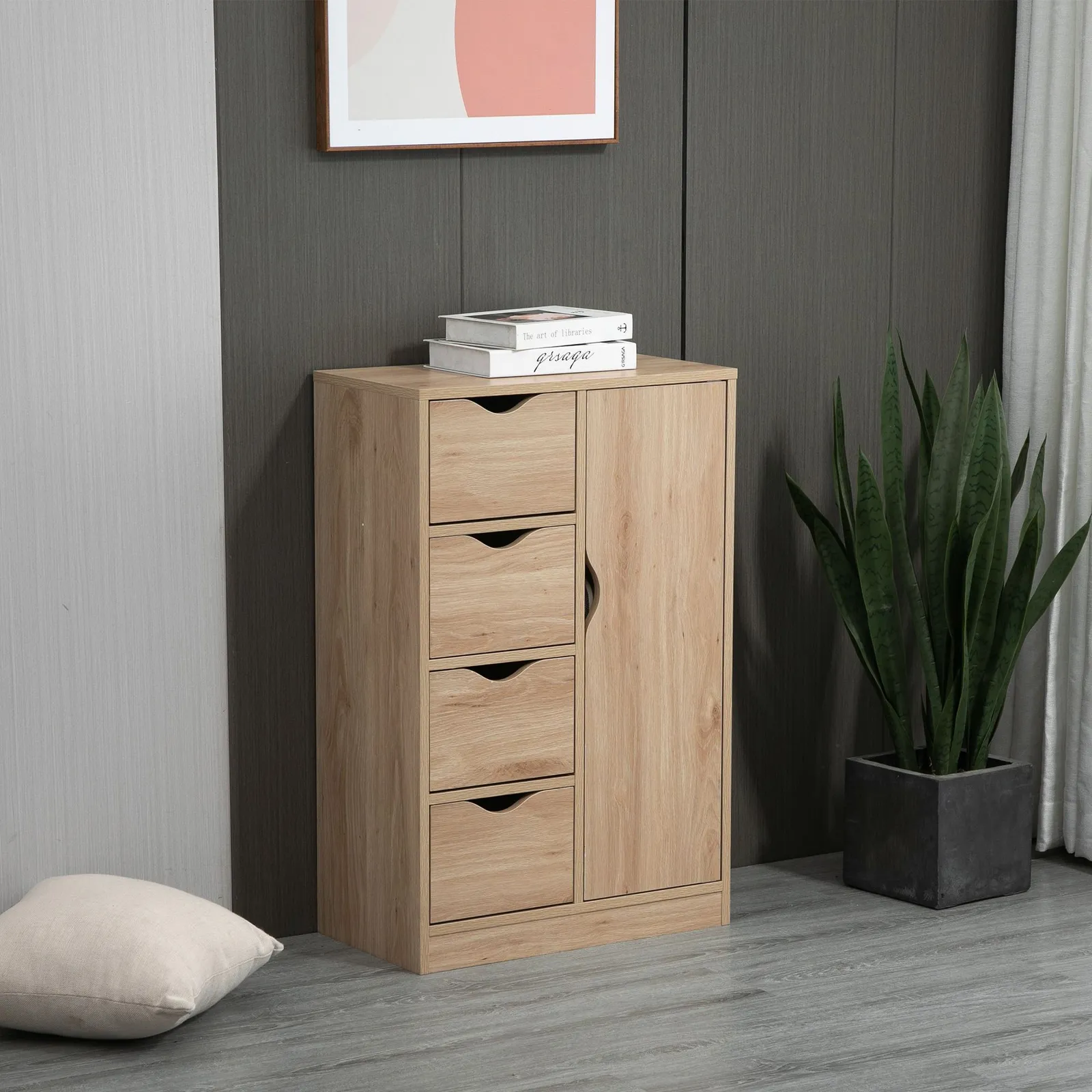 HOMCOM Bathroom Floor Cabinet Freestanding Storage Unit with 4 Drawers for Living Room in Light Brown