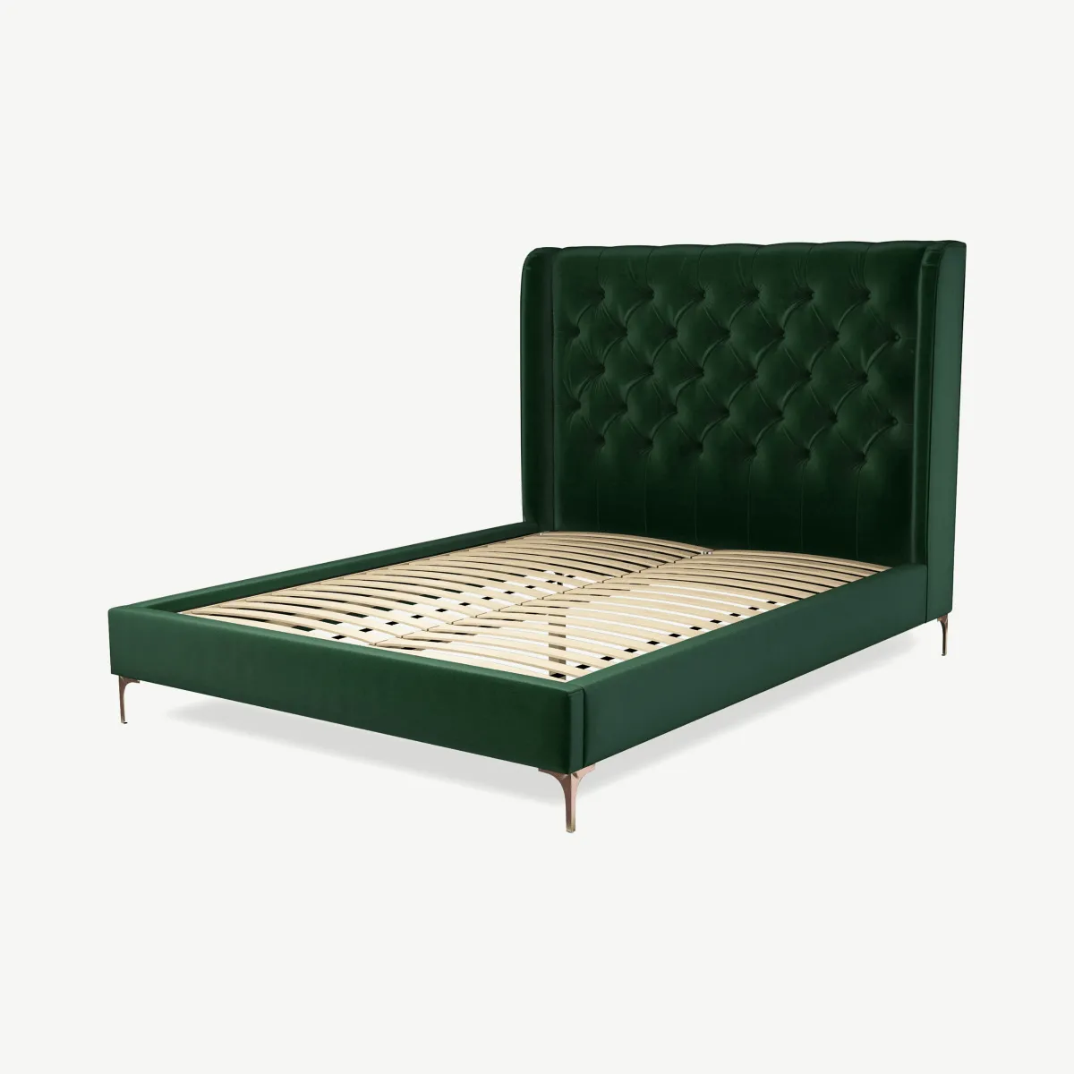 Romare King Size Bed, Bottle Green Velvet with Copper Legs