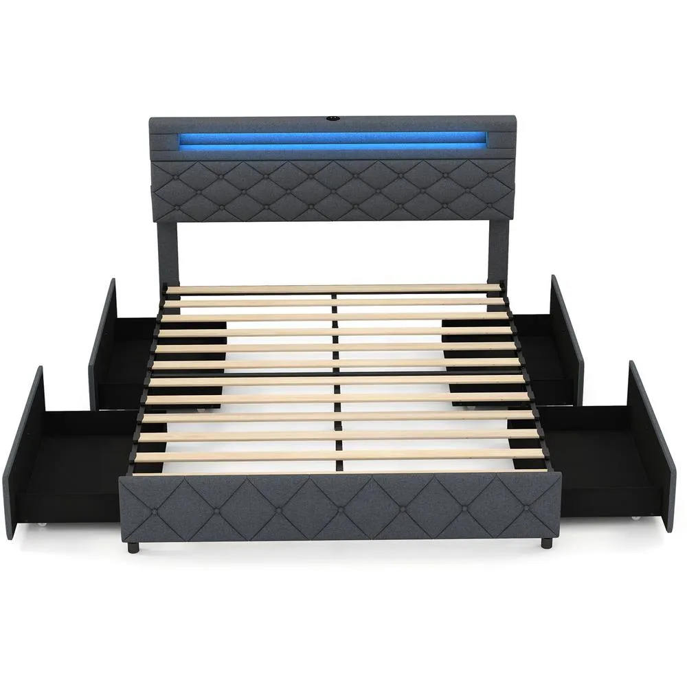 Costway King Size Modern Upholstered Bed Frame with Led Lights in Grey