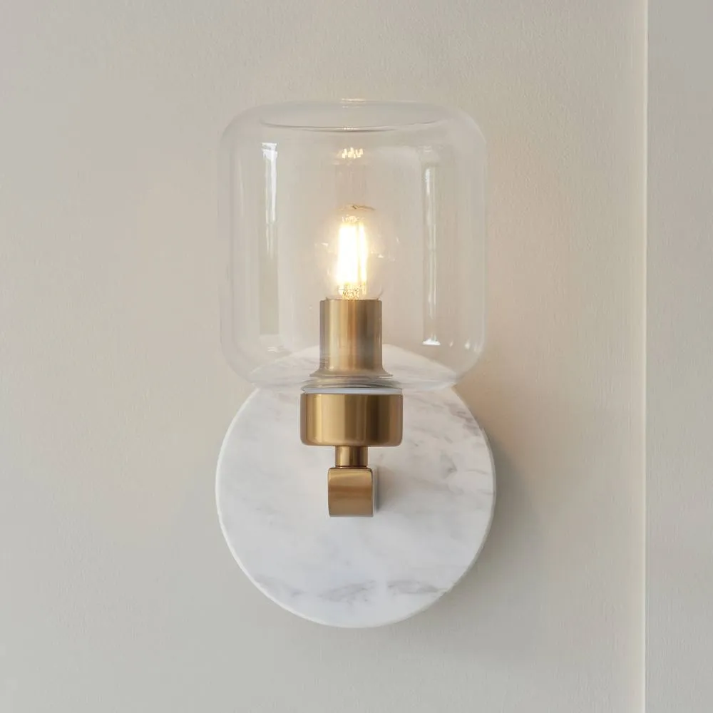 Netlighting Travi Wall Lamp White Volakas Marble Vintage Brass & Clear Glass E14 4