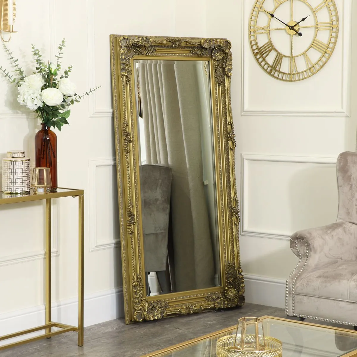 Melody Maison Large Ornate Gold Wall / Leaner Mirror - 78cm X 158cm in Metallic Gold