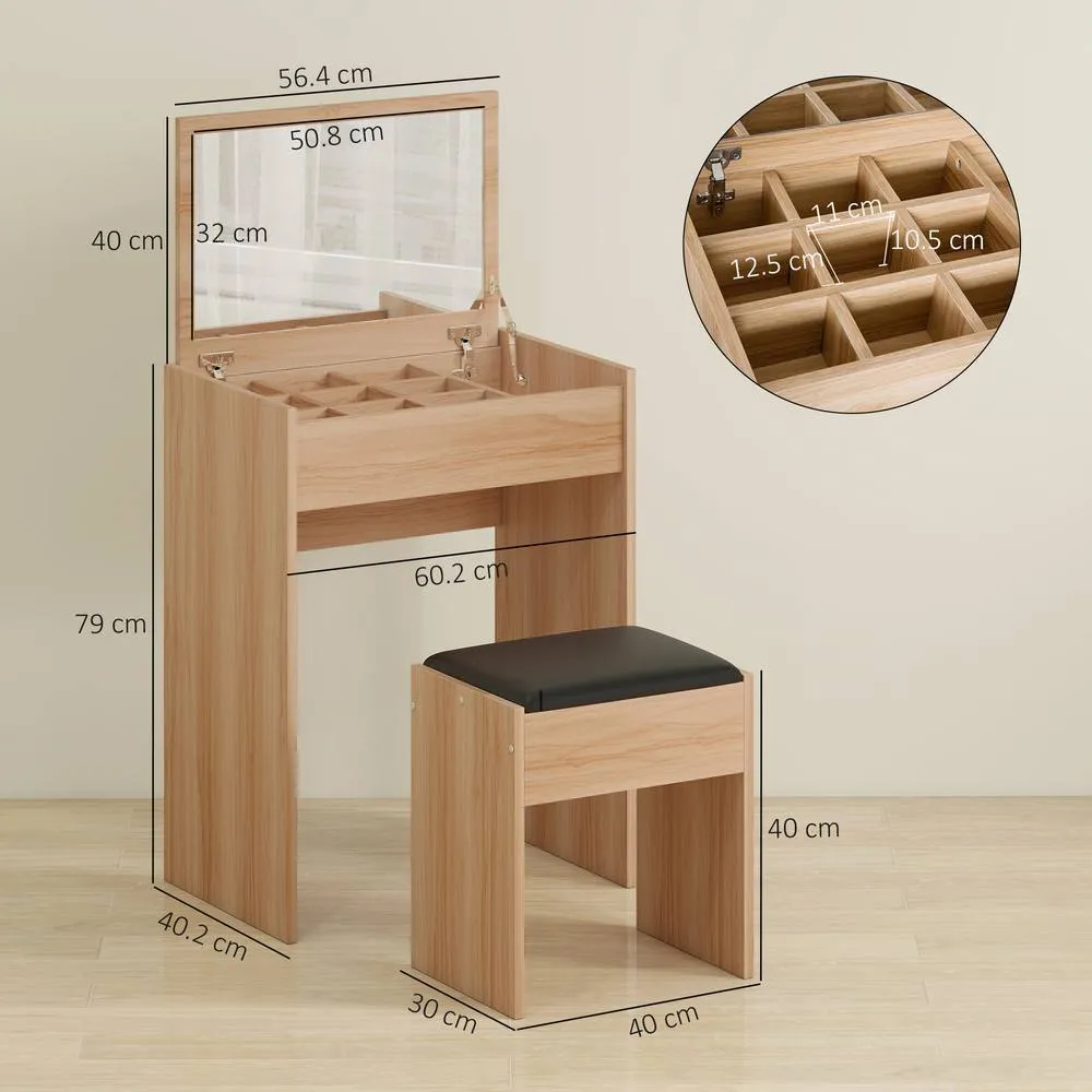 HOMCOM Dressing Table Set Padded Stool with Flip-up Mirror Multi-purpose in Natural 3
