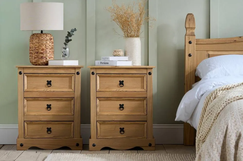 Birlea Pair of Corona Large 3 Drawer Bedside Cabinet Bedside Mexican Chest in Natural
