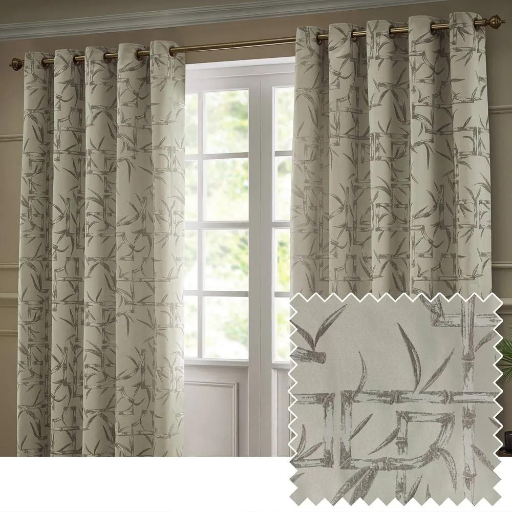 Paoletti Bamboo Fully Lined Jacquard Eyelet Curtain Pair in Beige 1