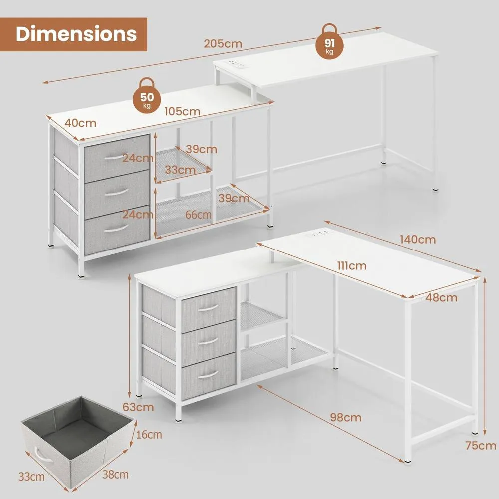 Costway L Shaped Computer Desk Convertible Home Office Table with Drawers in White 2