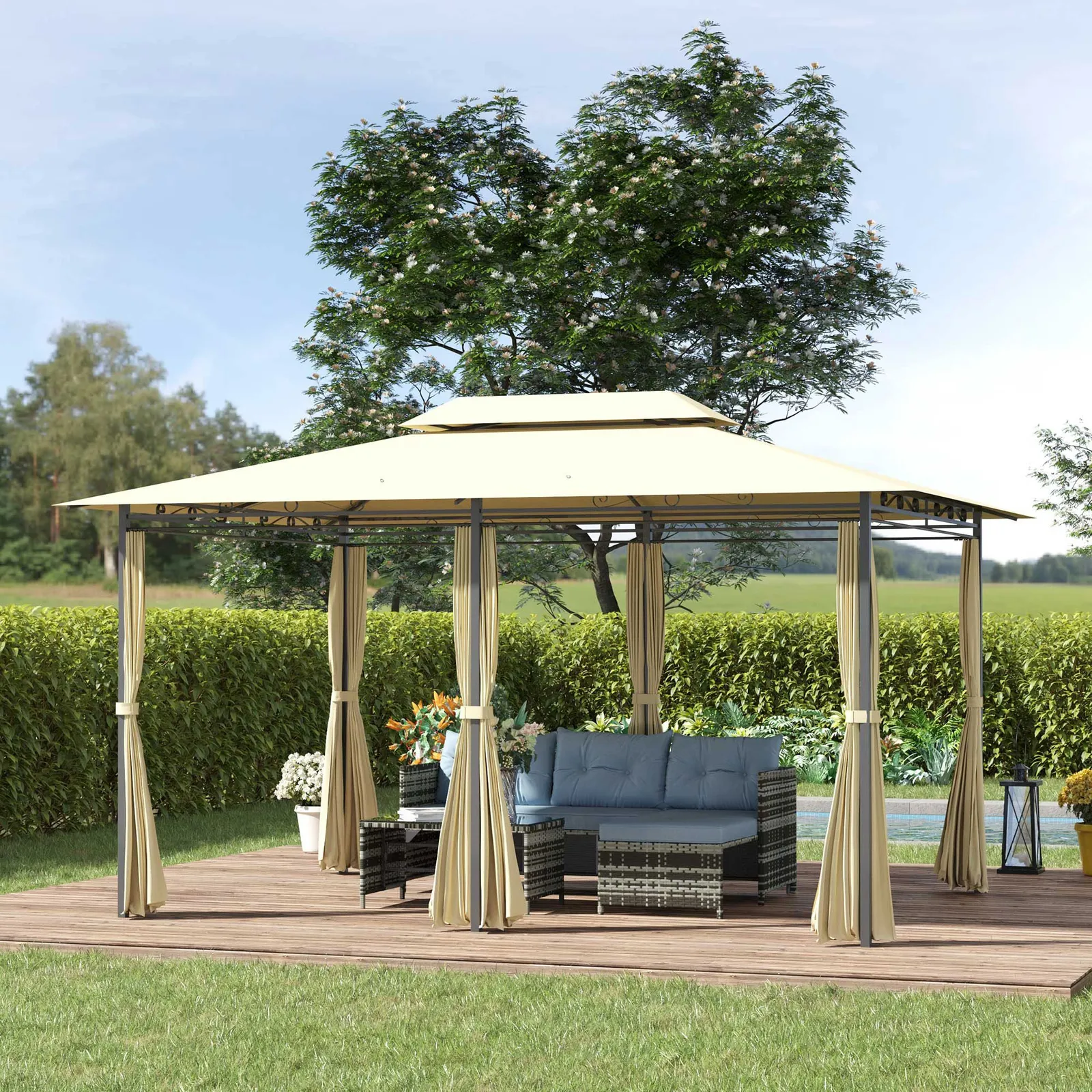 OUTSUNNY 4m x 3(m) Outdoor 2-Tier Steel Frame Gazebo w/ Curtains Outdoor Garden in Beige