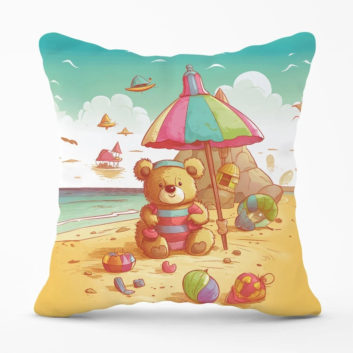 Warren Reed - Designer Lucky Teddy Bear On A Beach Holiday Outdoor Cushion in Yellow