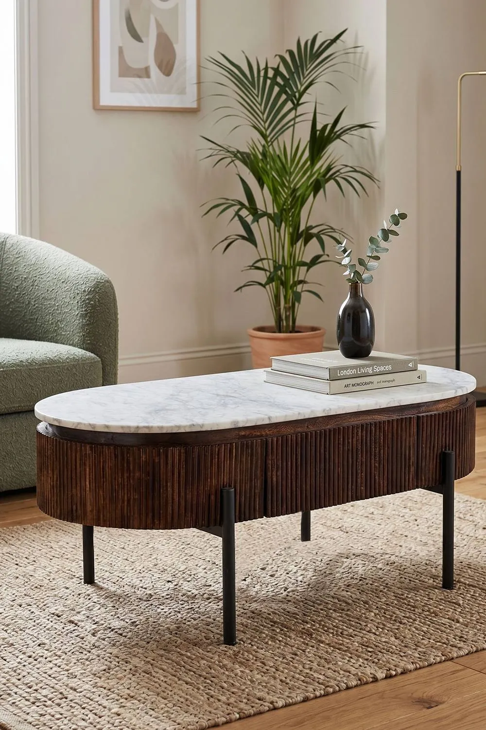 IH Design Farleigh Mango Wood Fluted Coffee Table Marble Top in White