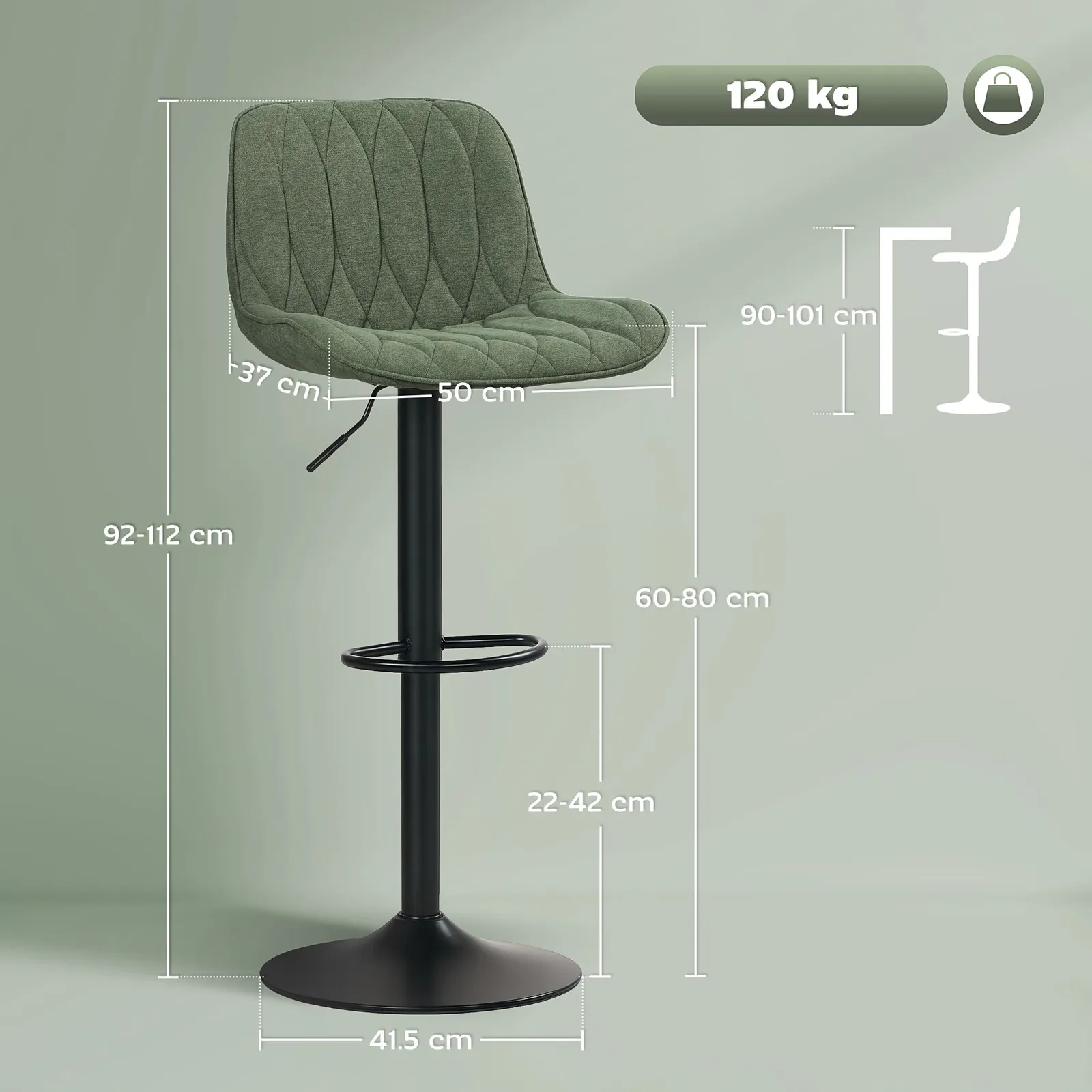 HOMCOM Bar Stools Set of 2, Modern Armless Bar Chairs in Green 3