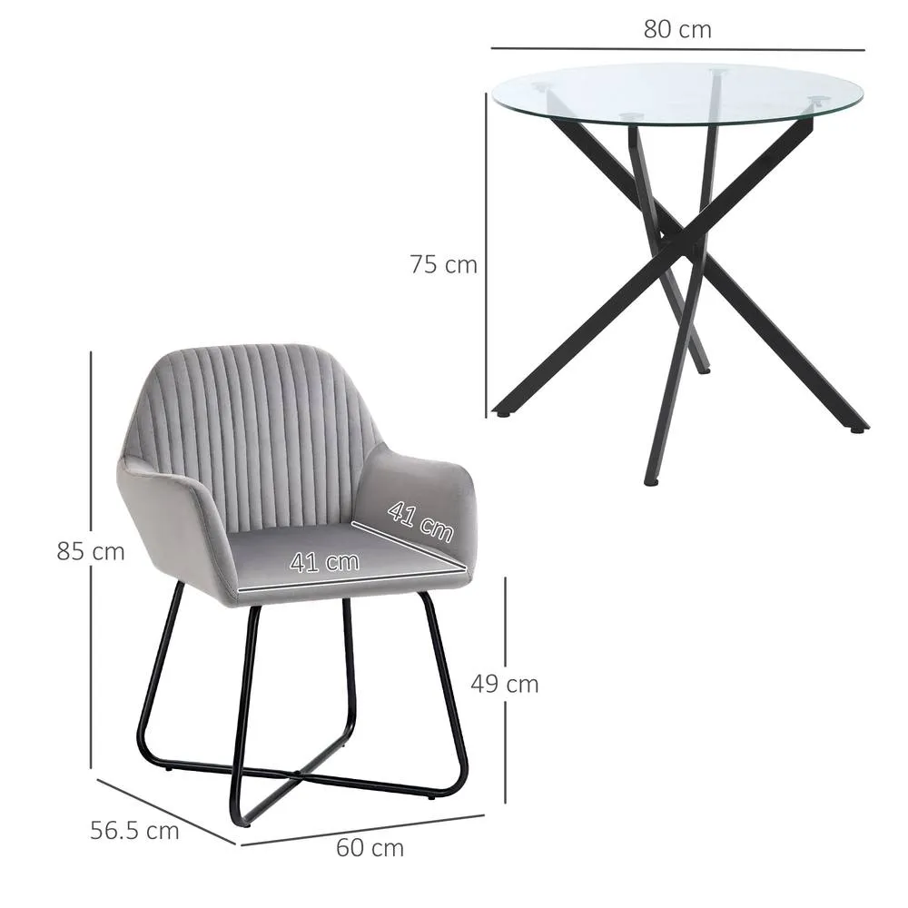 HOMCOM Modern Dining Set Round Glass Table & Velvet Chair Black & Grey 3
