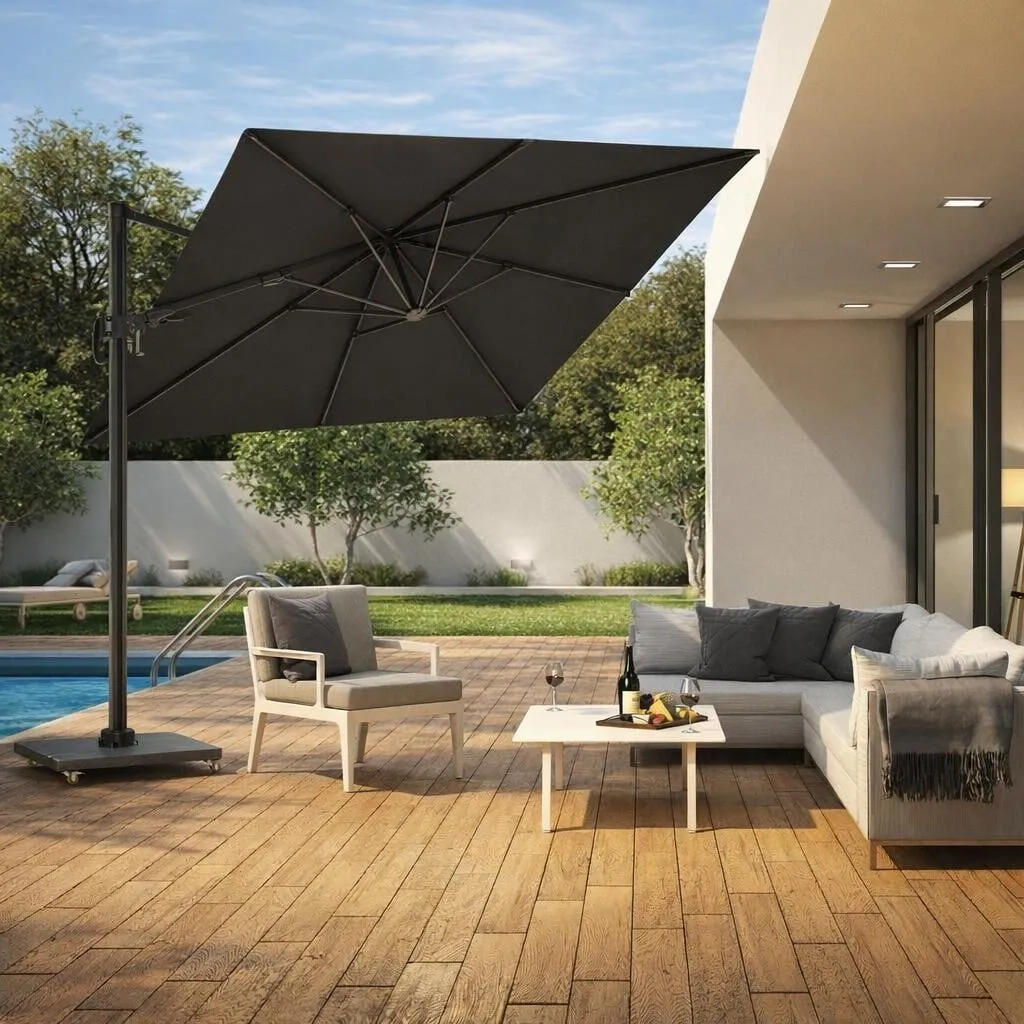 Reef 3m Parasol & Base with Wheels, Black | Barker & Stonehouse