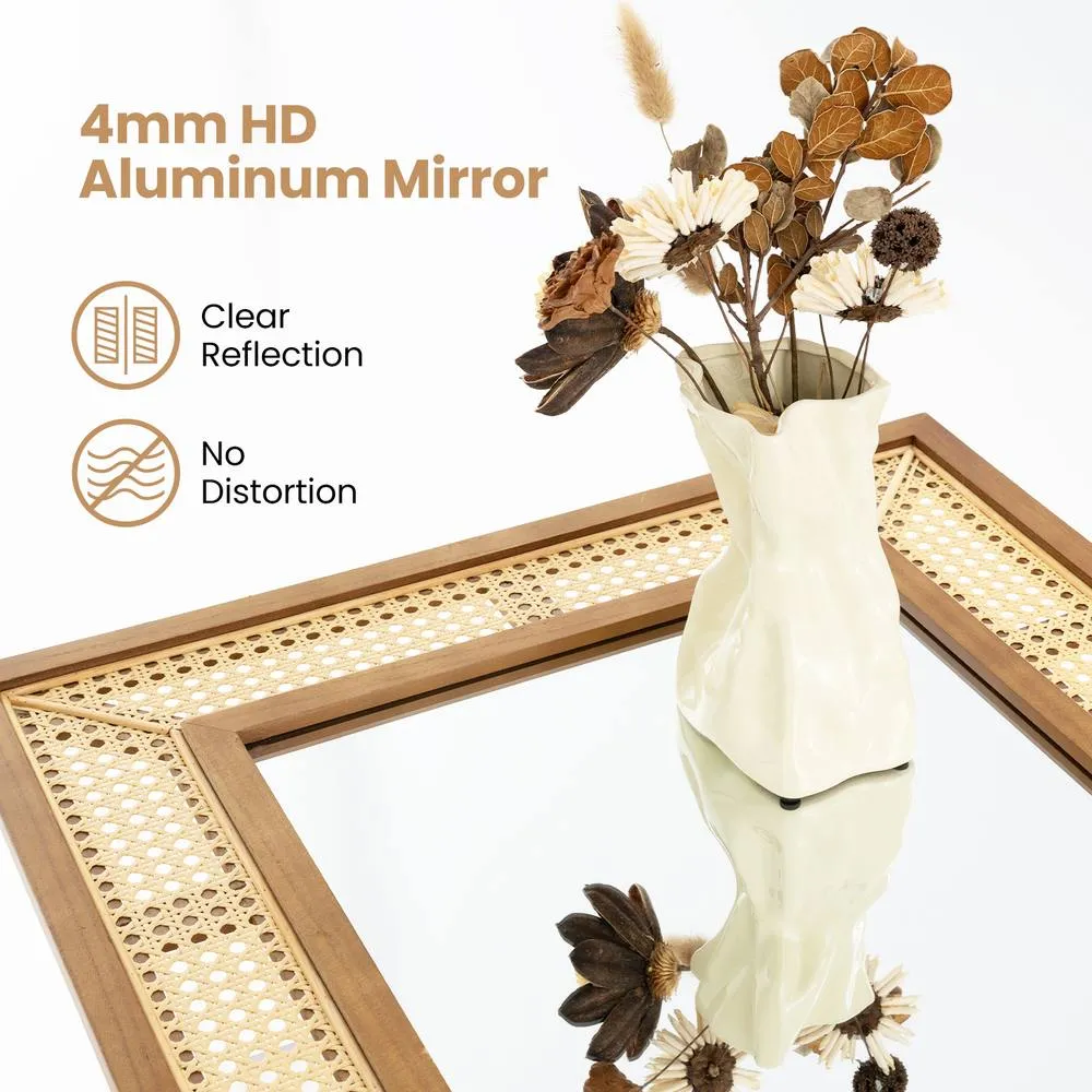 Costway Rattan Wall Mirror with Bohemian Rectangular Wooden Frame in Brown 4