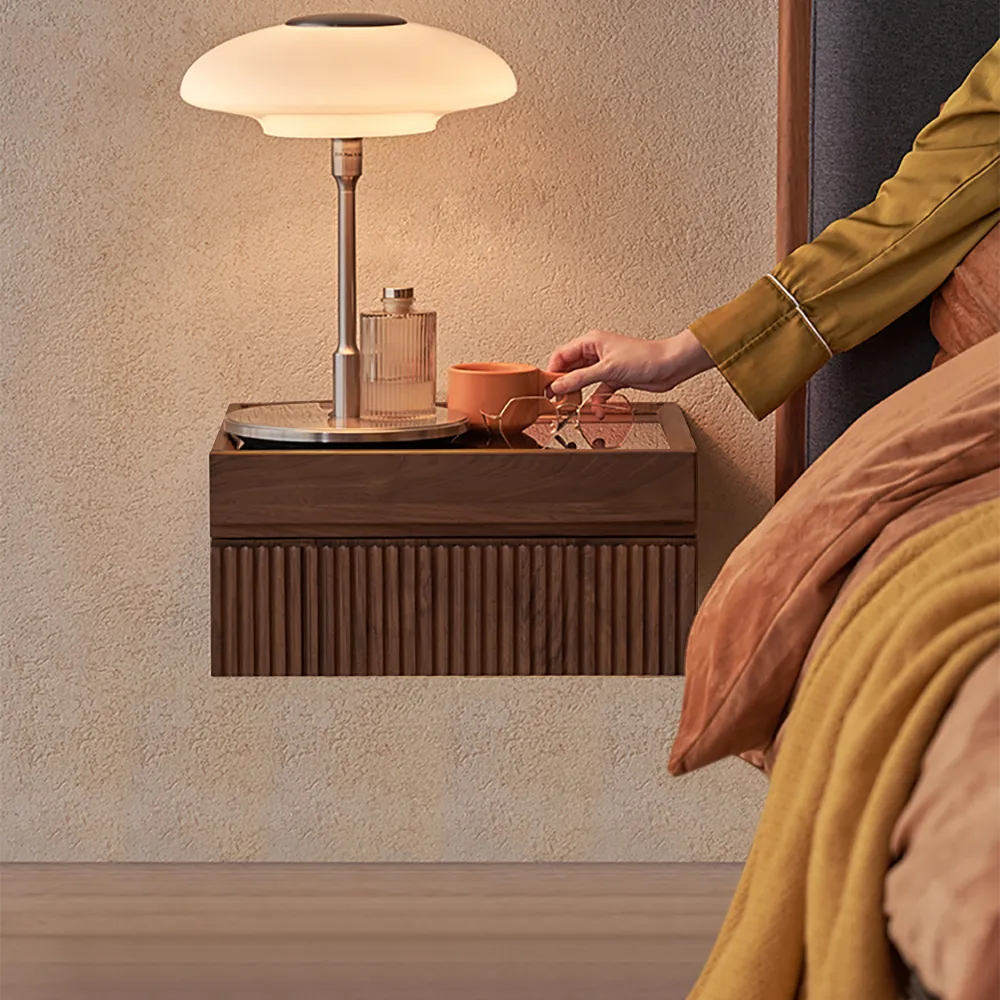 Modern Floating Walnut Nightstand with Glass Top & Jewelry Storage Bedside Table Set of 2