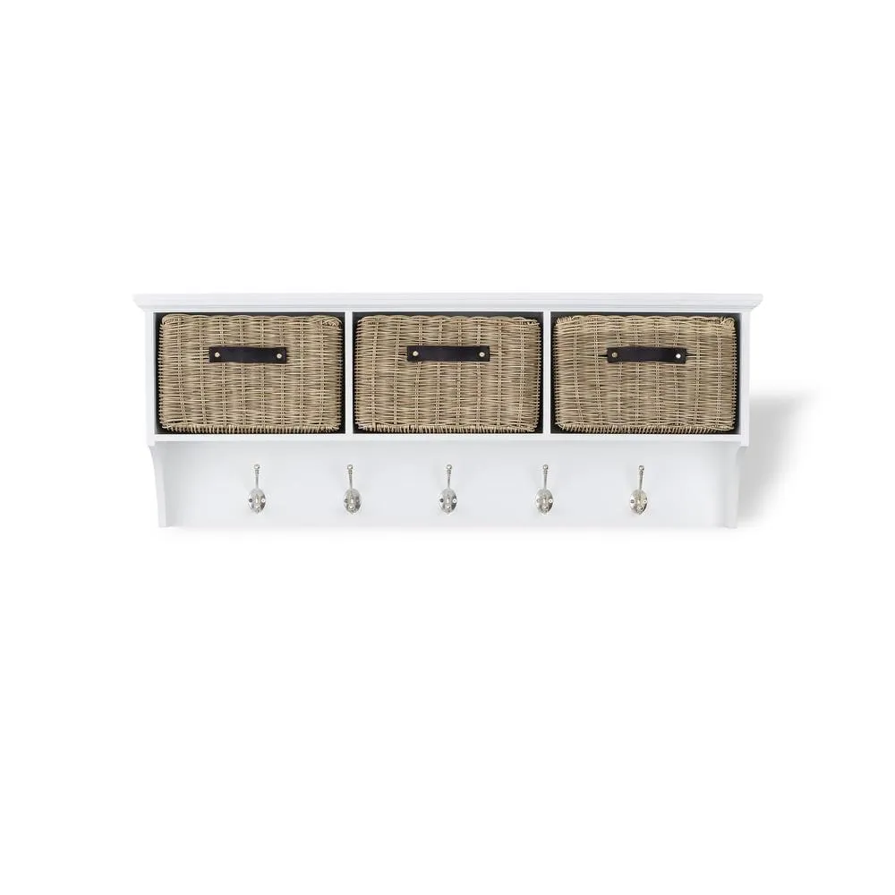 Statement Furniture Tetbury Large Coat Rack Hanging Shelf with 3 Brown Storage Baskets in White 2