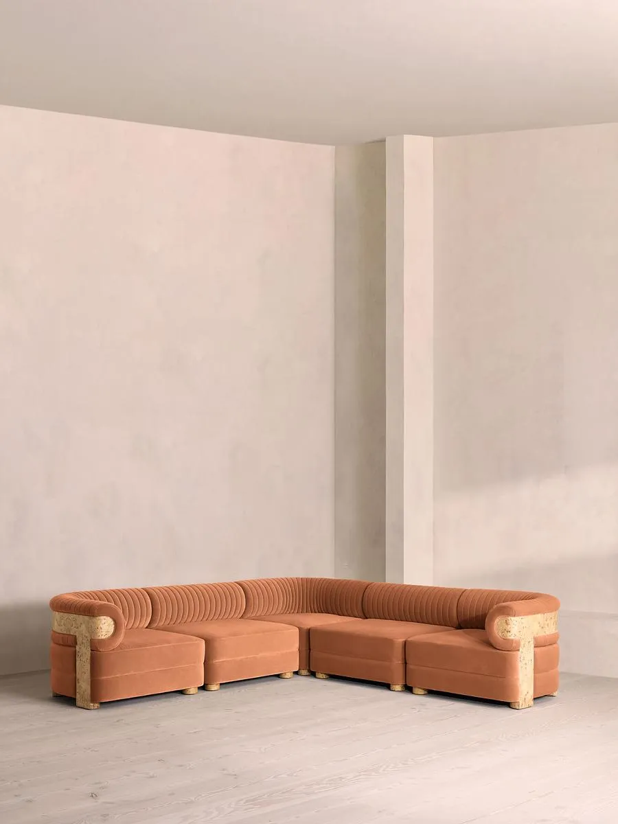 Caleb Modular Corner Sofa, Velvet, Antique Rose, Blonde Burl