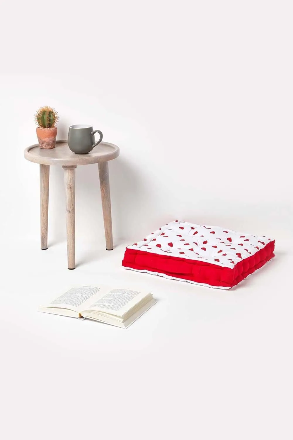 Homescapes Cotton Hearts Floor Cushion in Red 2