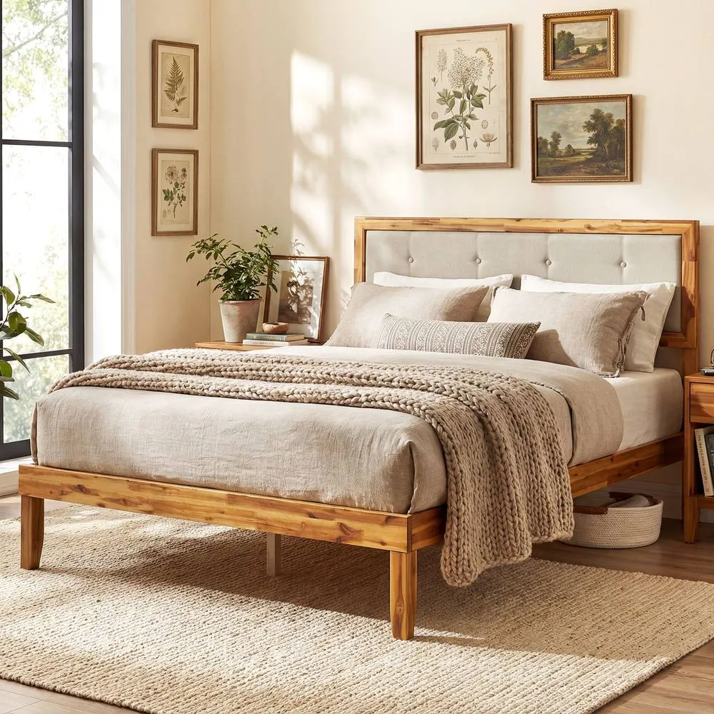 Costway Double Size Bed Frame Acacia Wood Platform Beds w/ Tufted Headboard in Beige 3
