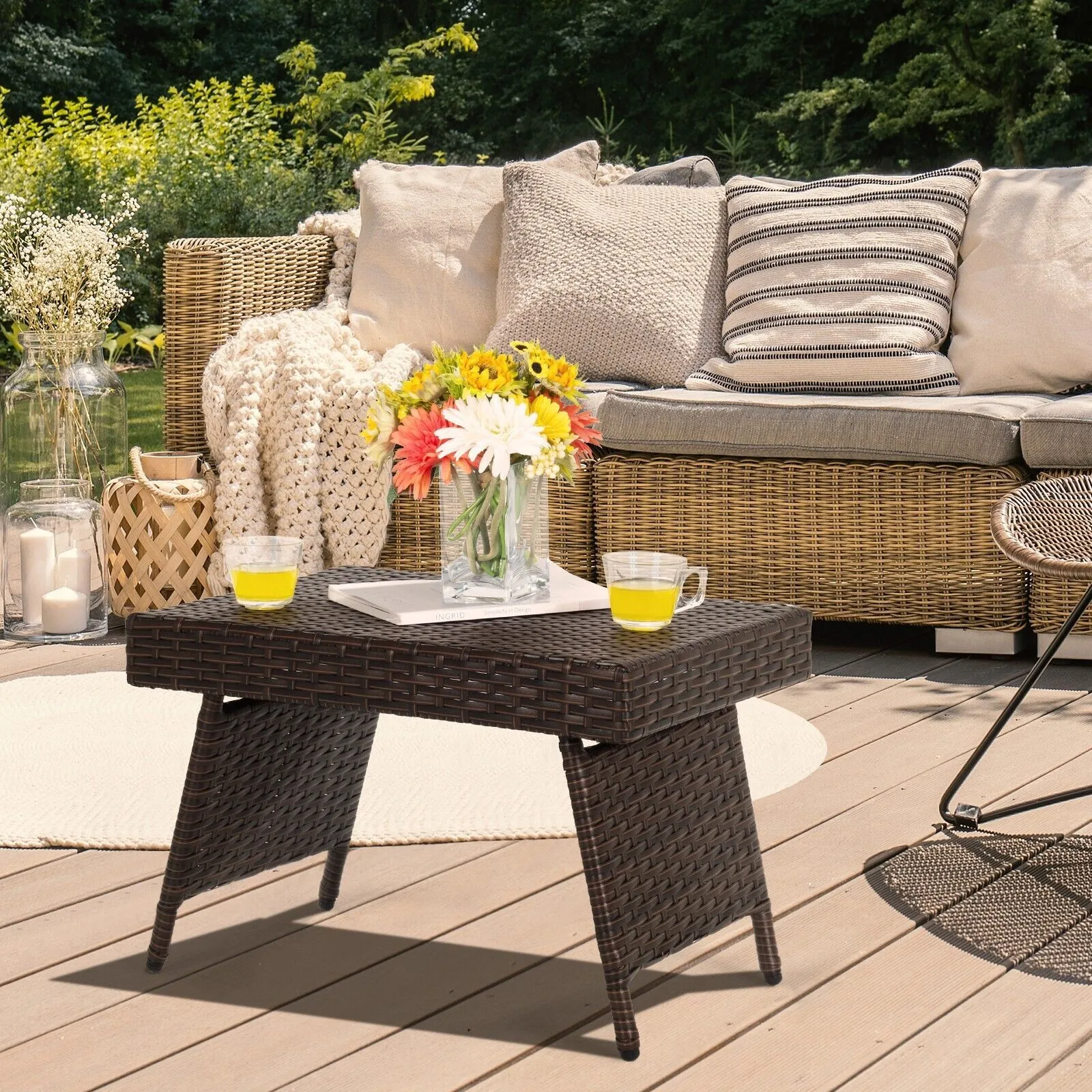 Costway Wicker Coffee Table Folding Outdoor Patio Rattan Side Table in Brown 3