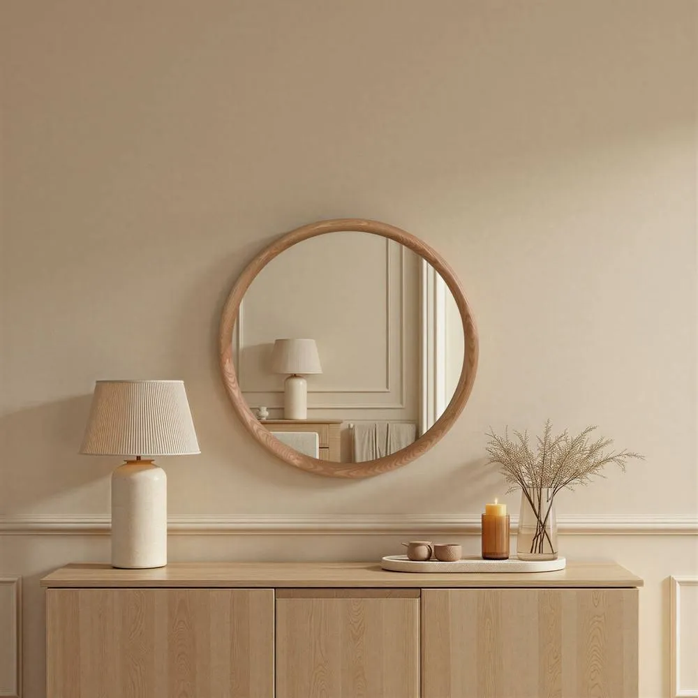 Yearn Mirrors Yearn Solid Oak Nataural Round Wall Mirror, Clear 2