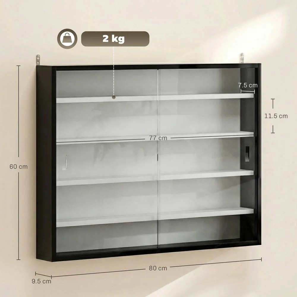 HOMCOM 5-Tier Wall Display Shelf Cabinet with Glass Doors, Black & White 3