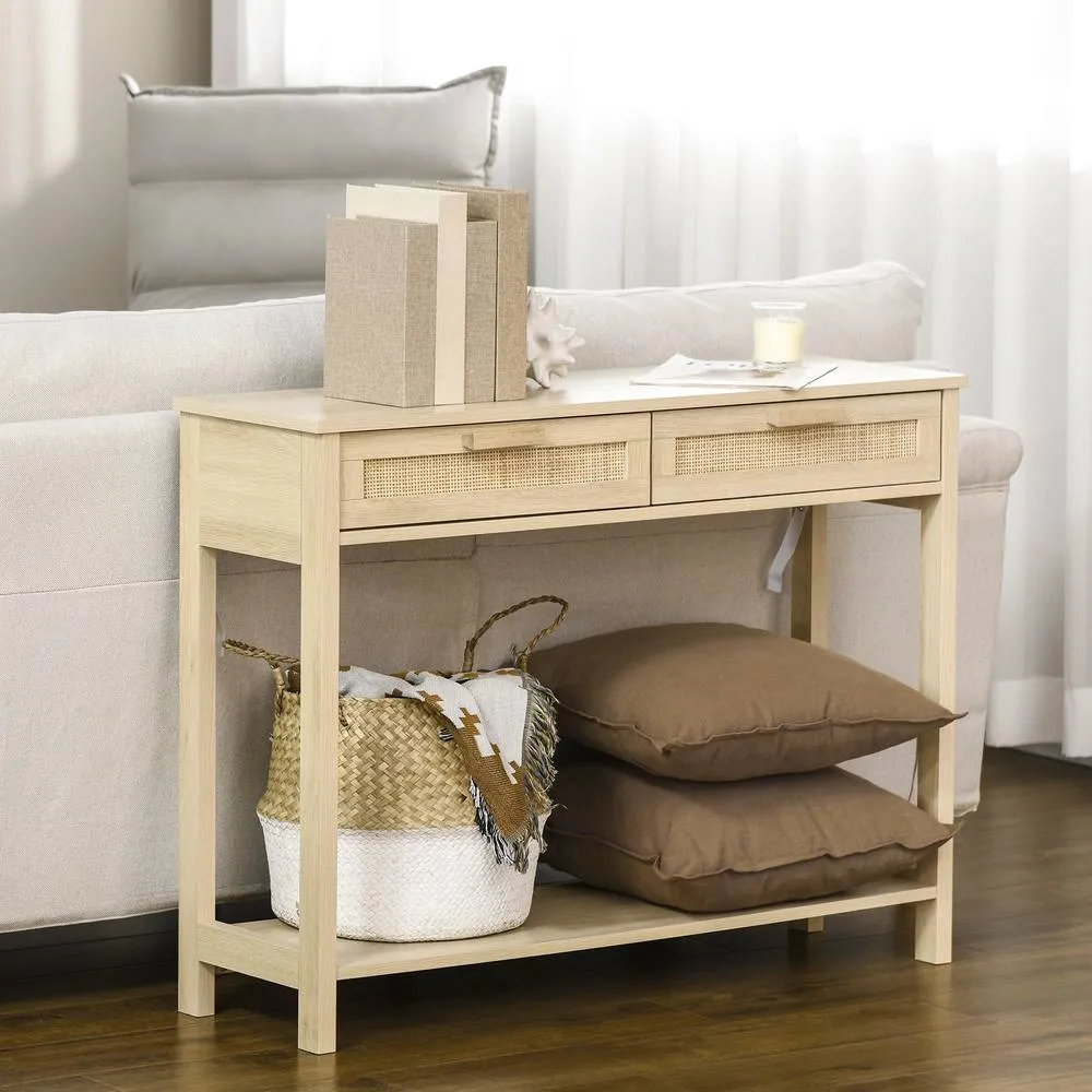 HOMCOM Console Sofa Table Hallway Side Desk with Shelf Drawer in Natural