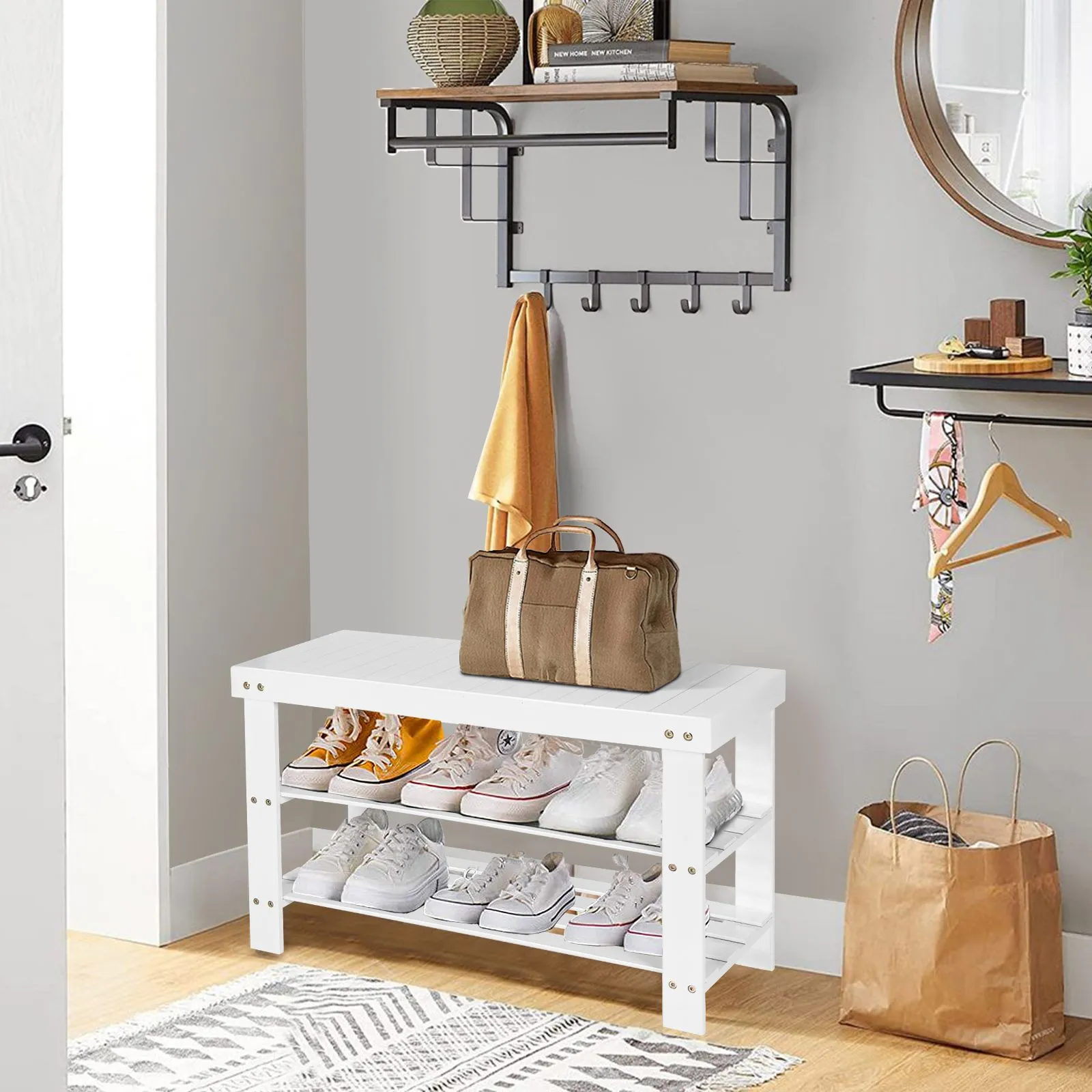 Costway 3-Tier Bamboo Shoe Bench Shoe Rack Shelf Organizer Entryway Bench Stand Display in White 5