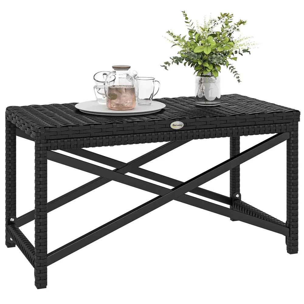OUTSUNNY Outdoor Coffee Table, PE Rattan Side Table w/ Plastic Board, Black 2