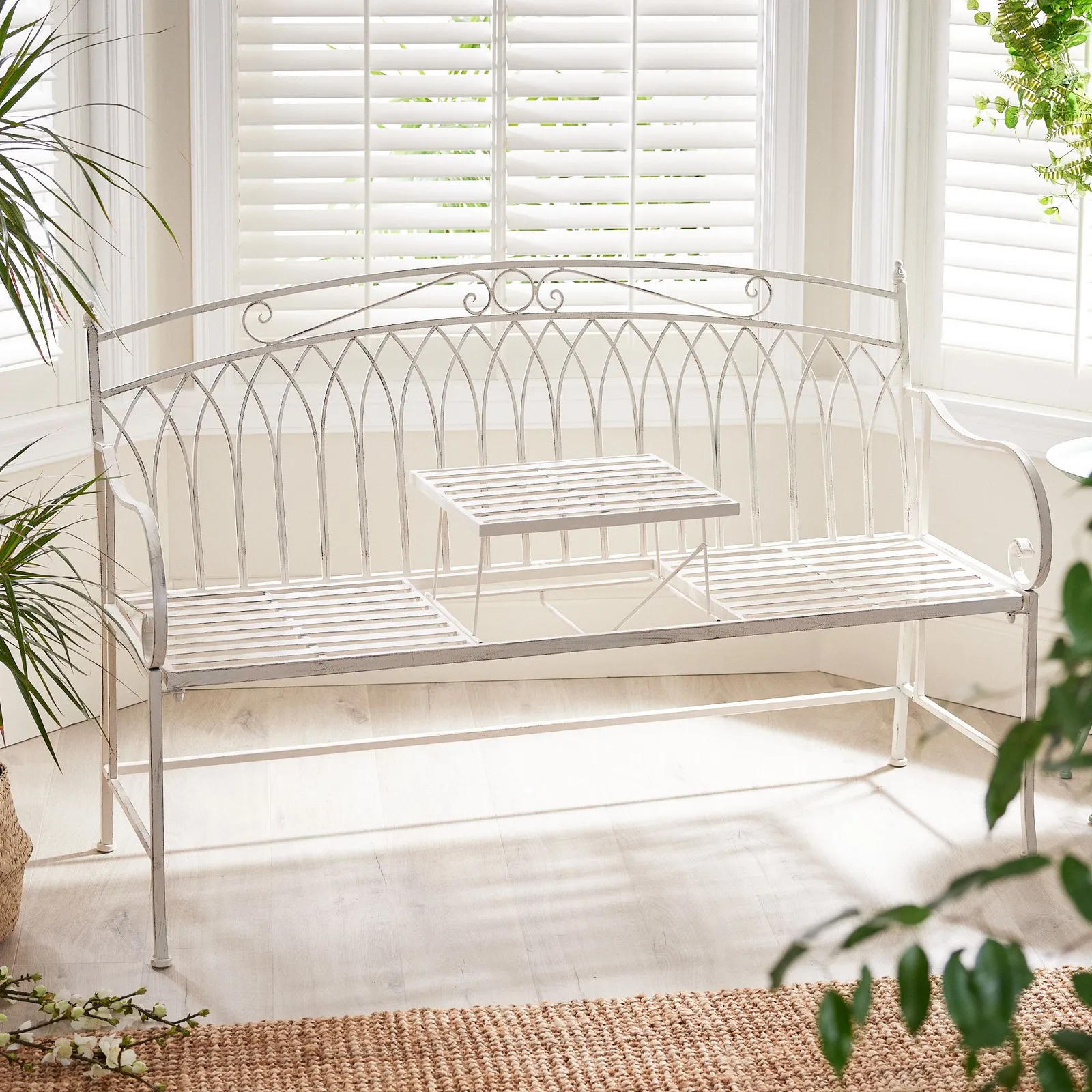 Dibor Vintage Large Cream Arched Outdoor Garden Furniture Companion Seat Garden Bench with Free Set of 2 Green Seat Pad Cushions 3
