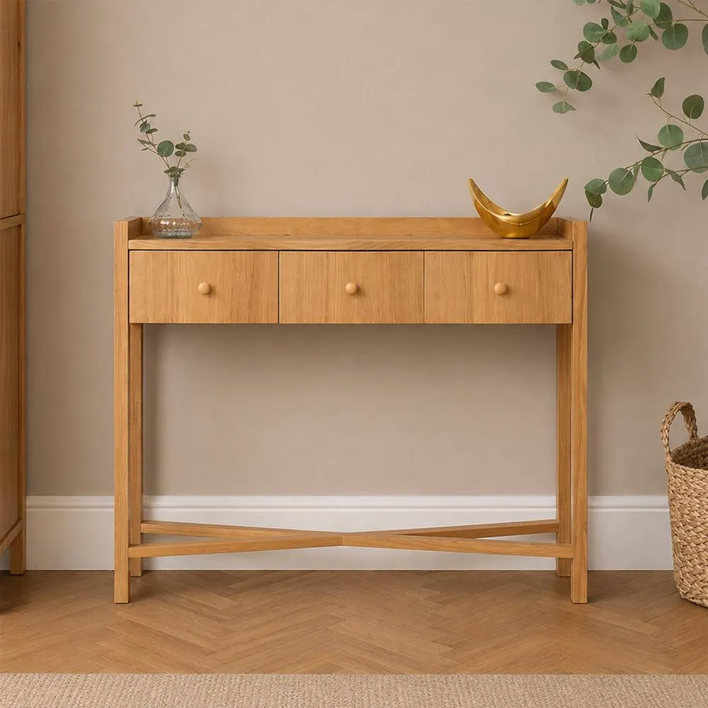 Melody Maison 3 Drawer Console Table With Hessian & Glass Top - Austin Wood Range in Brown 5