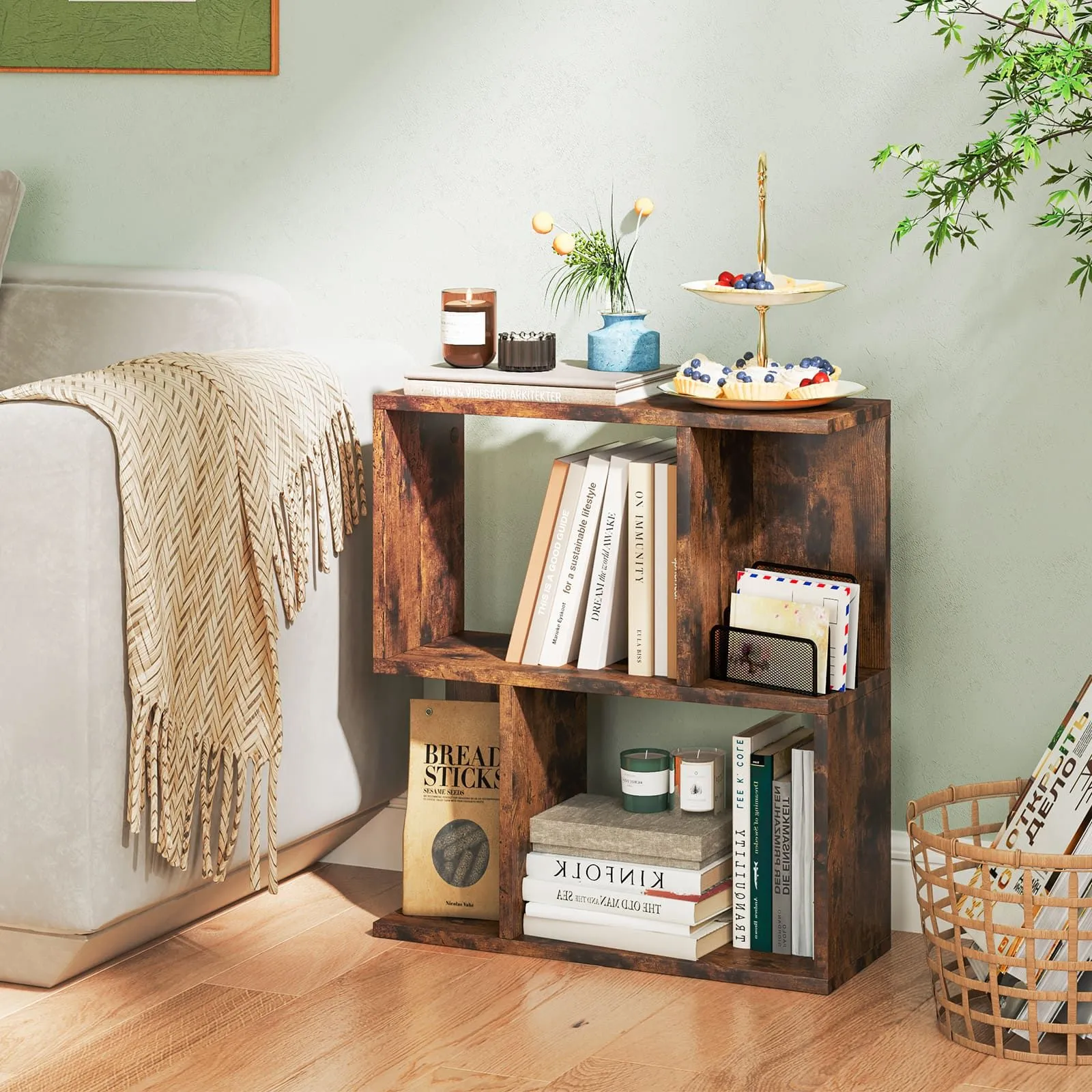 Costway 3-Tier Bookshelf Display Shelf for Small Space Freestanding Side Table Rustic Brown 6