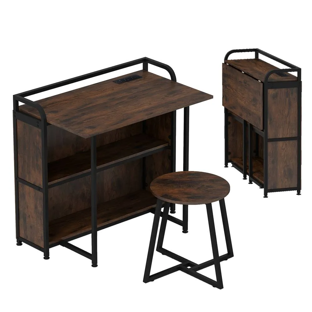 Costway Folding Table w/Stool 90 cm Computer Desk Set w/ AC Outlets in Brown 2