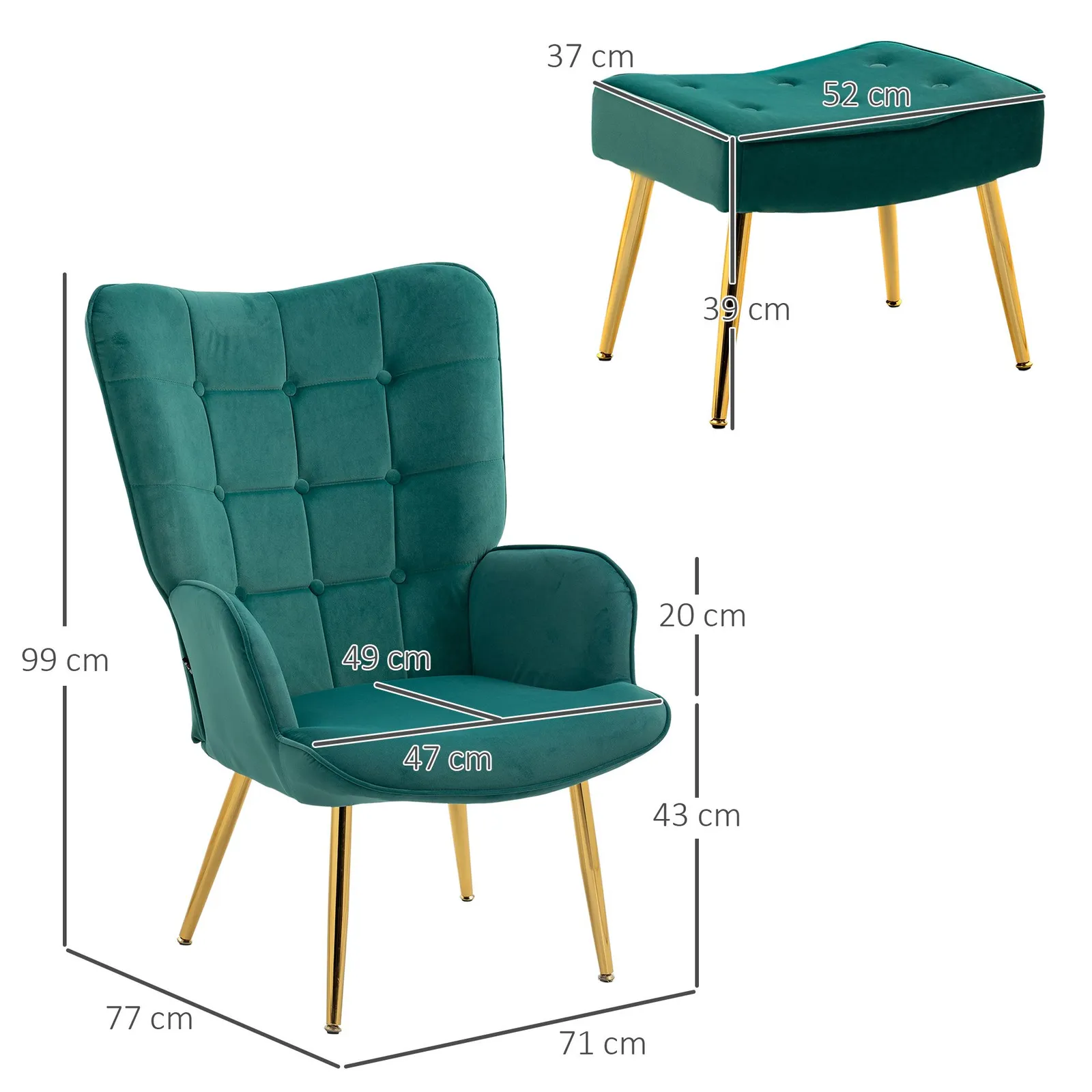 HOMCOM Armchair with Footstool Button Tufted Accent Chair w/ Steel Legs in Green 3